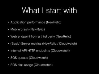 What I start with
• Application performance (NewRelic)
• Mobile crash (NewRelic)
• Web endpoint from a third party (NewRelic)
• (Basic) Server metrics (NewRelic / Cloudwatch)
• Internal API HTTP endpoints (Cloudwatch)
• SQS queues (Cloudwatch)
• RDS disk usage (Cloudwatch)
 