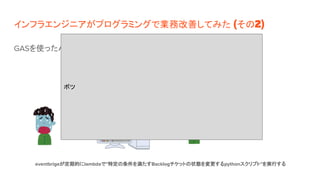 インフラエンジニアがプログラミングで業務改善してみた (その2)
GASを使ったパラメータシートからCSVの自動作成
eventbrigeが定期的にlambdaで”特定の条件を満たすBacklogチケットの状態を変更するpythonスクリプト”を実行する
ボツ
 