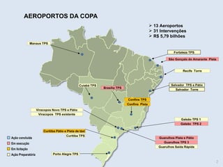 AEROPORTOS DA COPA Curitiba Pátio e Pista de táxi Brasília TPS Guarulhos TPS 3 São Gonçalo do Amarante  Pista Guarulhos Saída Rápida Cuiabá TPS Guarulhos Pista e Pátio Ação concluída  Em execução  Em licitação Ação Preparatória Confins TPS Confins  Pista Curitiba TPS Fortaleza TPS Galeão TPS 1  Galeão  TPS 2  Manaus TPS Porto Alegre TPS Recife  Torre Salvador  Torre Salvador  TPS e Pátio Viracopos Novo TPS e Pátio Viracopos  TPS existente 13 Aeroportos 31 Intervenções R$ 5,79 bilhões  