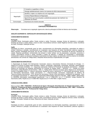 18
É receptivo a sugestões e críticas.
Interage satisfatoriamente mesmo com pessoas de difícil relacionamento.
Identifica o objeto e os objetivos de uma negociação.
Conhece Regras Básicas de Negociação.
Negociação
Age de forma que suas emoções e preferências pessoais não interfiram nos
interesses da Infraero.
Comunicação Expressa-se de maneira educada.
ANEXO III
CONTEÚDO PROGRAMÁTICO
Observação: Considerar-se-á a legislação vigente até a data da publicação do Edital de Abertura das Inscrições.
ANALISTA SUPERIOR III - ESPECIALISTA EM NAVEGAÇÃO AÉREA
CONHECIMENTOS BÁSICOS
Português
Ortografia Oficial. Acentuação gráfica. Flexão nominal e verbal. Pronomes: emprego, formas de tratamento e colocação.
Emprego de tempos e modos verbais. Vozes do verbo. Concordância nominal e verbal. Regência nominal e verbal. Ocorrência
de crase. Pontuação. Intelecção de texto.
Inglês
Estratégias de leitura: compreensão geral do texto; reconhecimento de informações específicas; capacidade de análise e
síntese; inferência e predição; reconhecimento do vocabulário mais freqüente em textos não-literários; palavras cognatas e
falsos cognatos. Estratégias discursivas: tipo de texto; função e estrutura discursivas; marcadores de discurso; elementos de
coesão. Aspectos gramaticais: conhecimento dos tempos e modos verbais; uso de preposições, conjunções, pronomes e
modais; concordância nominal e verbal; formação e classe de palavras; e relações de coordenação e subordinação.
Compreender e aplicar as estruturas fonológicas e gramaticais da língua inglesa, as expressões e termos próprios às atividades
aeronáuticas e de Controle de Tráfego Aéreo. Interpretar leituras técnicas e especializadas, em inglês.
CONHECIMENTOS ESPECÍFICOS
1- Organização da Aviação Civil Internacional: Convenção: anexos e documentos; Estrutura; Convenção de Chicago. 1.1-
Sistema de Controle do Espaço Aéreo Brasileiro: Objetivo, constituição, organização, composição, atribuição, relacionamento
sistêmico e principais atividades. 1.2 – Segurança operacional: Sistema de Prevenção de Acidentes Aeronáuticos – SIPAER;
Sistema de Prevenção de Acidentes Aeronáuticos do Controle do Espaço Aéreo – SIPACEA. 1.3 – Noções de Direito
Aeronáutico: Código Brasileiro de Aeronáutica – CBA. 2 – Tráfego Aéreo: Estrutura do espaço aéreo; Regras do ar; Aeródromos;
Auxílios à Navegação Aérea. 3 – Busca e salvamento: Noções de busca e salvamento. 4 – Informações Aeronáuticas: Serviço
de Informações Aeronáuticas; Cartas aeronáuticas. 5 – Telecomunicação aeronáutica: Organização do Sistema de
Telecomunicações Aeronáuticas – STA, Serviço fixo aeronáutico, Serviço móvel aeronáutico, Indicadores de localidade, Tipos
de mensagens aeronáuticas. 6 – Meteorologia: Organização Meteorológica Nacional e Mundial - OMM e INMET; Meteorologia
no SISCEAB; Informações meteorológicas operacionais. 7.Lei n.º 5.862/1972. Lei n.º 11.182/2005. Código Brasileiro de
Aeronáutica (CBA). Noções da Lei nº 8.666/1993. Noções da Lei nº 9.784/1999. 8. Inglês Técnico.
CARGOS DE NÍVEL MÉDIO
Para os cargos: CRO - PANA/OEA - Profissional de Apoio à Navegação Aérea/Operador de Estação Aeronáutica, CRO -
PANA/TIA - Profissional de Apoio à Navegação Aérea/Técnico em Informações Aeronáuticas, CRO - PMET - Profissional
de Meteorologia, CRO - PTA - Profissional de Tráfego Aéreo.
CONHECIMENTOS BÁSICOS
Português
Ortografia Oficial. Acentuação gráfica. Flexão nominal e verbal. Pronomes: emprego, formas de tratamento e colocação.
Emprego de tempos e modos verbais. Vozes do verbo. Concordância nominal e verbal. Regência nominal e verbal. Ocorrência
de crase. Pontuação. Redação de frases. Reescritura de frases. Intelecção de texto.
Inglês
Estratégias de leitura: compreensão geral do texto; reconhecimento de informações específicas; capacidade de análise e
síntese; inferência e predição; reconhecimento do vocabulário mais freqüente em textos não-literários; palavras cognatas e
 