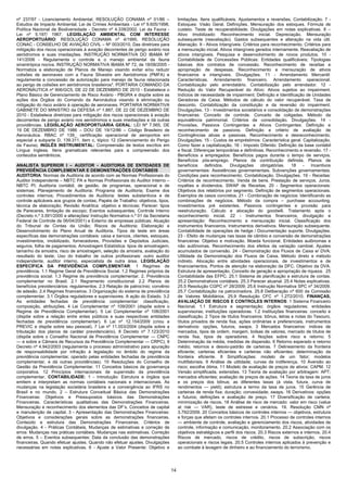 nº 237/97 - Licenciamento Ambiental. RESOLUÇÃO CONAMA nº 01/86 –                       limitações. Itens qualificáveis. Ajustamentos e reversões. Contabilização. 7 -
Estudos de Impacto Ambiental. Lei de Crimes Ambientais - Lei nº 9.605/1998.            Estoques: Visão Geral. Definições. Mensuração dos estoques. Fórmula de
Política Nacional de Biodiversidade - Decreto nº 4.339/2002. Lei da Fauna -            custeio. Teste de recuperabilidade. Divulgações em notas explicativas. 8 –
Lei nº 5.197/ 1967. LEGISLAÇÃO AMBIENTAL COM INTERESSE                                 Ativo Imobilizado: Reconhecimento inicial. Depreciação. Mensuração
AEROPORTUÁRIO: RESOLUÇÃO CONAMA nº 4/1995. RESOLUÇÃO                                   subsequente (reavaliação). Gastos subsequentes e alteração na vida útil.
CONAC - CONSELHO DE AVIAÇÃO CIVIL – Nº 003/2010. Das diretrizes para                   Alienação. 9 - Ativos Intangíveis: Critérios para reconhecimento. Critérios para
mitigação dos riscos operacionais à aviação decorrentes de perigo aviário nos          a mensuração inicial. Ativos intangíveis gerados internamente. Reavaliação de
aeródromos e suas imediações. INSTRUÇÃO NORMATIVA DO IBAMA Nº                          ativos intangíveis. Pesquisa e desenvolvimento de novos produtos. 10 -
141/2006 - Regulamenta o controle e o manejo ambiental da fauna                        Contabilidade de Concessões Públicas: Entidades qualificáveis; Tipologias
sinantrópica nociva. INSTRUÇÃO NORMATIVA IBAMA Nº 72, de 18/08/2005 -                  básicas dos contratos de concessão. Reconhecimento de receitas e
Normatiza a elaboração de Planos de Manejo visando evitar e/ou reduzir                 apropriação de despesas. Reconhecimento e mensuração de ativos
colisões de aeronaves com a Fauna Silvestre em Aeródromos (PMFA) e                     financeiros e intangíveis. Divulgações. 11 - Arrendamento Mercantil:
regulamenta a concessão de autorização para manejo de fauna relacionada                Características. Arrendamento financeiro. Arrendamento operacional.
ao perigo de colisões em aeródromos brasileiros". PORTARIA COMANDO DA                  Contabilização pelo arrendatário. Contabilização pelo arrendador. 12 -
AERONÁUTICA nº 906/GC5, DE 22 DE DEZEMBRO DE 2010 - Estabelece o                       Redução do Valor Recuperável do Ativo: Ativos sujeitos ao impairment.
Plano Básico de Gerenciamento de Risco Aviário - PBGRA e dispõe sobre as               Indícios de necessidade de impairment. Definição e Identificação de Unidades
ações dos Órgãos do Comando da Aeronáutica visando à eliminação ou                     Geradoras de Caixa. Métodos de cálculo do valor recuperável. Taxa de
mitigação do risco aviário à operação de aeronaves. PORTARIA NORMATIVA                 desconto. Contabilização da constituição e da reversão do impairment.
GABINETE DO MINISTRO da DEFESA nº 1.887, DE 22 DE DEZEMBRO DE                          Divulgações. 13 - Investimentos societários e consolidação de demonstrações
2010 - Estabelece diretrizes para mitigação dos riscos operacionais à aviação          financeiras: Conceito de controle. Conceito de coligadas. Método da
decorrentes de perigo aviário nos aeródromos e suas imediações e dá outras             equivalência patrimonial. Critérios de consolidação. Divulgações. 14 -
providências. LEGISLAÇÃO AEROPORTUÁRIA GERAL: LEI Nº 7.565, DE                         Provisões, Passivos Contingentes e Ativos Contingentes: Definição e
19 DE DEZEMBRO DE 1986 – DOU DE 19/12/86 – Código Brasileiro de                        reconhecimento de passivos. Definição e critério de avaliação de
Aeronáutica. RBAC nº 139_ certificação operacional de aeroportos em                    Contingências ativas e passivas. Reconhecimento e desreconhecimento.
especial a subparte D, 139.311, item c, tópico 12 (Gerenciamento do Perigo             Divulgações. 15 - Custos de empréstimos: Característica geral. Capitalização.
da Fauna). INGLÊS INSTRUMENTAL: Compreensão de textos escritos em                      Como fazer a capitalização. 16 - Imposto Diferido: Definição da base contábil
Língua Inglesa. Itens gramaticais relevantes para a compreensão dos                    e fiscal. Diferenças temporárias e definitivas. Reconhecimento e reversão. 17 -
conteúdos semânticos.                                                                  Benefícios a empregados: Benefícios pagos durante o tempo de serviços.
                                                                                       Benefícios pós-emprego. Planos de contribuição definida. Planos de
ANALISTA SUPERIOR I – AUDITOR - AUDITORIA DE ENTIDADES DE                              benefícios      definidos.  Divulgações      obrigatórias.   18    -   Incentivos
PREVIDÊNCIA COMPLEMENTAR E DEMONSTRAÇÕES CONTÁBEIS                                     governamentais: Assistências governamentais. Subvenções governamentais.
AUDITORIA: Normas de Auditoria de acordo com as Normas Profissionais do                Condições para reconhecimento. Contabilização. Divulgações. 19 - Receitas:
Auditor Independente – NBTC PA e Normas Profissionais do Auditor Interno –             Critérios de reconhecimento. Venda de bens. Prestação de serviços. Juros,
NBTC PI; Auditoria contábil, de gestão, de programas, operacional e de                 royalties e dividendos. SWAP de Receitas. 20 - Segmentos operacionais:
sistemas; Planejamento de Auditoria; Programa de Auditoria; Exame dos                  Objetivos dos relatórios por segmento. Definição de segmentos operacionais.
controles internos; Procedimentos de Auditoria: testes substantivos e de               Exemplos de casos concretos. 21 - Combinação de negócios: Identificando as
controle aplicáveis aos grupos de contas; Papéis de Trabalho: objetivos, tipos,        combinações de negócios. Método da compra – purchase accounting.
técnica de elaboração; Revisão Analítica: objetivo e técnicas; Parecer: tipos          Investimentos pré existentes. Passivos contingentes e provisão para
de Pareceres, limitação de escopo; Eventos subsequentes; Controle Interno              reestruturação. Cálculo e alocação do goodwill. Tratamento após o
(Decreto n.º 3.591/2000 e alterações/ Instrução Normativa n.º 01 da Secretaria         reconhecimento inicial. 22 - Instrumentos financeiros, divulgação e
Federal de Controle de 06/04/2001) e Externo de empresas públicas; Atuação             apresentação: Reconhecimento e mensuração inicial. Classificação dos
do Tribunal de Contas da União; Riscos de Auditoria; Elaboração e                      instrumentos financeiros. Instrumentos derivativos. Mensuração subsequente.
Desenvolvimento do Plano Anual de Auditoria. Tipos de teste em áreas                   Contabilidade de operações de hedge / Documentação suporte. Divulgações.
específicas das demonstrações contábeis: caixa e bancos, clientes, estoques,           23 - Efeito de mudanças nas taxas de câmbio e conversão de demonstrações
investimentos, imobilizado, fornecedores, Provisões e Depósitos Judiciais,             financeiras: Objetivo e motivação. Moeda funcional. Entidades autônomas e
seguros, folha de pagamentos; Amostragem Estatística: tipos de amostragem,             não autônomas. Reconhecimento dos efeitos da variação cambial. Ajustes
tamanho da amostra, risco de amostragem, seleção da amostra, avaliação do              acumulados de conversão. 24 - Demonstração dos Fluxos de Caixa e/ DVA:
resultado do teste; Uso do trabalho de outros profissionais: outro auditor             Utilidade da Demonstração dos Fluxos de Caixa. Método direto e método
independente, auditor interno, especialista de outra área. LEGISLAÇÃO                  indireto. Alocação entre atividades operacionais, de investimentos e de
ESPECÍFICA DA PREVIDÊNCIA COMPLEMENTAR: 1 Regimes de                                   financiamentos. Pontos de atenção na elaboração da DFC. Objetivo da DVA.
previdência. 1.1 Regime Geral de Previdência Social. 1.2 Regimes próprios de           Estrutura de apresentação. Conceito de geração e apropriação de riqueza. 25
previdência social. 1.3 Regime de previdência complementar. 2. Previdência             Contabilidade das EFPC. 25.1 Sistema de planificação e estrutura de contas.
complementar no Brasil. 2.1 Regramento constitucional. 2.2 Planos de                   25.2 Demonstrativos contábeis. 25.3 Parecer atuarial. 25.4 Notas explicativas.
benefícios previdenciários: regulamentos. 2.3 Relação de patrocínio; convênio          25.5 Resolução CGPC nº 28/2009; 25.6 Instrução Normativa SPC nº 34/2009.
de adesão. 2.4 Regimes financeiros. 3 Organização do sistema de previdência            25.7 Contabilização na patrocinadora. 25.8 Deliberação nº 600 da Comissão
complementar. 3.1 Órgãos reguladores e supervisores. A ação do Estado. 3.2             de Valores Mobiliários. 25.9 Resolução CFC nº 1.272/2010. FINANÇAS,
As entidades fechadas de previdência complementar: classificação,                      AVALIAÇÃO DE RISCOS E CONTROLES INTERNOS: 1 Sistema Financeiro
composição, atribuições. 4 Lei Complementar nº 109/2001 (dispõe sobre o                Nacional. 1.1 Estrutura e segmentação; órgãos reguladores; entidades
Regime de Previdência Complementar). 5 Lei Complementar nº 108/2001                    supervisoras; instituições operadoras. 1.2 Instituições financeiras: conceito e
(dispõe sobre a relação entre entes públicos e suas respectivas entidades              classificação. 2 Tipos de títulos financeiros: bônus, letras e notas do Tesouro,
fechadas de previdência complementar). 6 Lei nº 12.154/2009 (criou a                   títulos privados de renda fixa, ações ordinárias e preferenciais, instrumentos
PREVIC e dispõe sobre seu pessoal). 7 Lei nº 11.053/2004 (dispõe sobre a               derivativos: opções, futuros, swaps. 3 Mercados financeiros: índices de
tributação dos planos de caráter previdenciário). 8 Decreto nº 7.123/2010              mercados, tipos de ordem, margem, bolsas de valores, mercado de títulos de
(dispõe sobre o Conselho Nacional de Previdência Complementar — CNPC                   renda fixa, tipos de operadores. 4 Noções sobre risco e retorno. 5
— e sobre a Câmara de Recursos da Previdência Complementar — CRPC). 9                  Determinação da média, medidas de dispersão. 6 Retorno esperado e retorno
Decreto nº 4.942/2003 (regulamenta o processo administrativo para apuração             médio; retornos e desvio-padrão de carteiras. 7 Delineamento da fronteira
de responsabilidade por infração à legislação no âmbito do regime da                   eficiente; carteiras eficientes e carteiras não eficientes; determinação da
previdência complementar, operado pelas entidades fechadas de previdência              fronteira eficiente. 8 Simplificações: modelo de um fator; modelos
complementar, e dá outras providências). 10 Resoluções do Conselho de                  multifatoriais. 9 Análise de utilidade; curvas de indiferença. 10 Aversão ao
Gestão da Previdência Complementar. 11 Conceitos básicos de governança                 risco; escolha ótima. 11 Modelo de avaliação de preços de ativos: CAPM. 12
corporativa. 12 Princípios internacionais de supervisão da previdência                 Versão simplificada, extensões. 13 Teoria de avaliação por arbitragem: APT;
complementar. CONTABILIDADE: 1 - Introdução: Estrutura e órgãos que                    mercados eficientes; avaliação de preços de ações. 14 Teoria da taxa de juros
emitem e interpretam as normas contábeis nacionais e internacionais. As                e os preços dos bônus; as diferentes taxas (à vista, futura, curva de
mudanças na legislação societária brasileira e a convergência ao IFRS no               rendimentos — yield); estrutura a termo da taxa de juros. 15 Gerência de
Brasil e no mundo. 2 – Estrutura Conceitual Básica das Demonstrações                   carteiras de renda fixa: duração; convexidade; swaps. 16 Derivativos: opções
Financeiras: Objetivos e Pressupostos básicos das Demonstrações                        e futuros; definições e avaliação de preço. 17 Diversificação de carteira;
Financeiras. Características qualitativas das Demonstrações Financeiras.               minimização de riscos. 18 Análise de risco de mercado: valor em risco (value
Mensuração e reconhecimento dos elementos das DF’s. Conceitos de capital               at risk — VAR), teste de estresse e cenários. 19. Resolução CMN nº
e manutenção de capital. 3 - Apresentação das Demonstrações Financeiras:               3.792/2009. 20 Conceitos básicos de controles internos — objetivos, estrutura
Objetivos e considerações gerais sobre as demonstrações financeiras.                   e forças que afetam os controles internos. 20.1 Processo de controles internos
Conteúdo e estrutura das Demonstrações Financeiras. Critérios de                       — ambiente de controle, avaliação e gerenciamento dos riscos, atividades de
divulgação. 4 - Práticas Contábeis, Mudanças de estimativas e correção de              controle, informação e comunicação, monitoramento. 20.2 Associação com os
erros: Mudanças nas práticas contábeis. Mudanças nas estimativas. Correção             objetivos estratégicos e perfil dos riscos. 20.3 Riscos externos e internos. 20.4
de erros. 5 – Eventos subsequentes: Data da conclusão das demonstrações                Riscos de mercado, riscos de crédito, riscos de subscrição, riscos
financeiras. Quando efetuar ajustes. Quando não efetuar ajustes. Divulgações           operacionais e riscos legais. 20.5 Controles internos aplicados à prevenção e
necessárias em notas explicativas. 6 - Ajuste a Valor Presente: Objetivo e             ao combate à lavagem de dinheiro e ao financiamento do terrorismo.




                                                                                  14
 