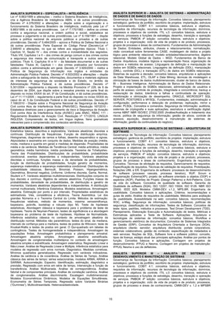 ANALISTA SUPERIOR II – ESPECIALISTA – INTELIGÊNCIA                                     ANALISTA SUPERIOR III – ANALISTA DE SISTEMAS – ADMINISTRAÇÃO
Lei nº 9.883/1999 e alterações – institui o Sistema Brasileiro de Inteligência,        DE DADOS E DE BANCO DE DADOS
cria a Agência Brasileira de Inteligência ABIN, e dá outras providências.              Governança de Tecnologia da Informação: Conceitos básicos; planejamento
Decreto nº 4.376/2002 e alterações – dispõe sobre a organização e o                    estratégico; gerência de portfólio; escritório de projetos: implantação, estrutura
funcionamento do Sistema Brasileiro de Inteligência, instituído pela Lei nº            e funcionamento. COBIT 4.1: conceitos básicos, estrutura e objetivos,
9.883/1999, e dá outras providências. Lei nº 7.170/1983 – define os crimes             requisitos da informação, recursos de tecnologia da informação, domínios,
contra a segurança nacional, a ordem política e social, estabelece se                  processos e objetivos de controle. ITIL v.3: conceitos básicos, estrutura e
processo e julgamento e dá outras providências. Lei nº 8.159/1991 – dispõe             objetivos; processos e funções de estratégia, desenho, transição e operação
sobre a política nacional de arquivos públicos e privados e dá outras                  de serviços. PMBOK 4ª edição: conceitos básicos, estrutura e objetivos;
providências. Decreto nº 5.484/2005 – aprova a Política de Defesa Nacional e           projetos e a organização; ciclo de vida de projeto e de produto; processos,
dá outras providências. Parte Especial do Código Penal (Decreto-Lei nº                 grupos de processo e áreas de conhecimento. Fundamentos de Administração
2.848/40 e alterações, no que se refere aos seguintes tópicos: Título I,               de Dados: Entidades, atributos, chaves e relacionamentos; normalização;
Capítulo VI, Seção IV – dos crimes contra a inviolabilidade dos segredos;              visão conceitual sobre ferramentas CASE; modelagem de dados e projeto
Título VIII, Capítulos I e II – dos crimes de perigo comum e dos crimes contra         lógico para ambiente relacional; modelo entidades/relacionamentos; álgebra
a segurança dos meios de comunicação e transporte e outros serviços                    relacional. Modelo Global de Dados – MGD. Fundamentos de Banco de
públicos; Título X, Capítulos III e IV – da falsidade documental e de outras           Dados: Arquitetura, modelos lógicos e representação física; organização de
falsidades: Títulos XI, Capítulo I – dos crimes praticados por funcionário             arquivos e métodos de acesso. Linguagens de definição e manipulação de
público contra a administração em geral. Decreto nº 3.505/2000 – institui a            dados em SGBDs relacionais. Linguagens de definição (DDL), manipulação
Política de Segurança da Informação nos órgãos e entidades da                          (DML), controle (DCL) e transação (DTL) de dados em SGBDs relacionais.
Administração Pública Federal. Decreto nº 4.553/2002 e alterações – dispõe             Sistemas de suporte a decisão; conceitos básicos, arquiteturas e aplicações
sobre a salvaguarda de dados, informações, documentos e materiais sigilosos            de Data Warehouse, ETL, OLAP e Data Mining; técnicas de modelagem e
de interesse da segurança da sociedade e do Estado, no âmbito da                       otimização de bases de dados multidimensionais; cluster de banco de dados.
Administração Pública Federal, e dá outras providências. Decreto nº                    BI – Business Inteligence. Administração de Banco de Dados Relacionais:
5.301/2004 – regulamenta o disposto na Medida Provisória nº 228, de 9 de               Projeto e implantação de SGBDs relacionais; administração de usuários e
dezembro de 2004, que dispõe sobre a ressalva prevista na parte final do               perfis de acesso; controle de proteção, integridade e concorrência; backup e
disposto no inciso XXXIII do art. 5º da Constituição, e dá outras providências.        restauração de dados; tolerância a falhas e continuidade de operação;
Lei nº 11.111/2005 – regulamenta a parte final do disposto no inciso XXXIII do         monitoração e otimização de desempenho. ORACLE, MICROSOFT SQL
caput do at. 5 da Constituição Federal e dá outras providências. Decreto nº            SERVER, POSTGRES e MYSQL: Fundamentos, instalação, administração e
7.168/2010 - Dispõe sobre o Programa Nacional de Segurança da Aviação                  configuração; performance e detecção de problemas; replicação, mirror e
Civil contra Atos de Interferência Ilícita (PNAVSEC). Resolução 167/2010 -             cluster. PLSQL: Conceitos e comandos. Segurança da Informação: auditoria,
Estabelece diretrizes para o gerenciamento de risco à Segurança da Aviação             sistemas de criptografia e suas aplicações; assinatura e certificação digital;
Civil contra Atos de Interferência Ilícita (AVSEC) pela ANAC. RBAC 111 -               norma ABNT NBR ISO/IEC 27002:2005 (Análise/Avaliação e tratamento dos
Regulamento Brasileiro de Aviação Civil. Resolução nº 171/2010. LINGUA                 riscos; política de segurança da informação; gestão de ativos; controle de
INGLESA: Compreensão de textos, em língua inglesa. Itens gramaticais                   acessos; aquisição, desenvolvimento e manutenção de sistemas de
relevantes para a compreensão dos conteúdos semânticos.                                informação; gestão da continuidade do negócio).

ANALISTA SUPERIOR II – ESTATÍSTICO                                                     ANALISTA SUPERIOR III – ANALISTA DE SISTEMAS – ARQUITETURA DE
Estatística básica, descritiva e exploratória. Variáveis aleatórias discretas e        SOFTWARE
contínuas. Distribuição de frequências. Função de distribuição empírica.               Governança de Tecnologia da Informação: Conceitos básicos; planejamento
Histogramas, diagramas de ramos e folhas, desenho esquemático e ogivas.                estratégico; gerência de portfólio; escritório de projetos: implantação, estrutura
Atipicidades e assimetria em conjunto de dados. Medidas de posição (média,             e funcionamento. COBIT 4.1: conceitos básicos, estrutura e objetivos,
moda, mediana e quantis em geral) e medidas de dispersão. Propriedades da              requisitos da informação, recursos de tecnologia da informação, domínios,
média e da variância. Medidas de Tendência Central: média aritmética; média            processos e objetivos de controle. ITIL v.3: conceitos básicos, estrutura e
geométrica; média harmônica; média ponderada. Teorema de Tchebyshev.                   objetivos; processos e funções de estratégia, desenho, transição e operação
Teoria das Probabilidades. Distribuições de probabilidade, probabilidade               de serviços. PMBOK 4ª edição: conceitos básicos, estrutura e objetivos;
condicional, eventos dependentes e independentes. Variáveis aleatórias                 projetos e a organização; ciclo de vida de projeto e de produto; processos,
discretas e contínuas, funções massa e de densidade de probabilidades,                 grupos de processo e áreas de conhecimento. Engenharia de requisitos:
função de distribuição de probabilidades, função geratriz de momentos,                 Conceitos. Técnicas de elicitação de requisitos. Gerenciamento de requisitos.
esperança matemática e esperança matemática condicional. Distribuições de              Especificação de requisitos. Técnicas de validação de requisitos. Prototipação.
probabilidade clássicas, Bernoulli, Binomial, Poisson, Hipergeométrica,                Notações UML e ER. Engenharia de software: processos de desenvolvimento
Geométrica, Binomial negativa, Uniforme, Uniforme discreta, Gama, Normal,              de software (processo cascata, processo iterativo), RUP, Scrum e
Student e F. Variáveis aleatórias multidimensionais. Distribuições conjunta do         Programação Extrema(XP); projeto de software orientado a objetos (OOP) e
tipo discreto e contínuo. Álgebra de vetores aleatórios. Funções massa de              aspectos (AOP), Padrões de Projeto (Design Patterns) e Anti-Patterns. Ciclo
probabilidades, densidade de probabilidades, de distribuição e geratriz de             de vida do software. Conceitos de qualidade de software. Garantia da
momentos. Variáveis aleatórias dependentes e independentes. A distribuição             Qualidade de software (SQA). ISO 12207. ISO 15504. ISO 9126. NBR ISO
normal multivariada. Inferência Estatística. Modelos estatísticos. Amostragem          25000. IEEE 829. Modelos CMMI-DEV v.1.2, MPS.BR. Engenharia de
aleatória. Estimação por ponto e por intervalo. Propriedades estatísticas de           usabilidade. Conceitos básicos e aplicações. Critérios, recomendações e
estimadores. Viés, consistência e eficiência. Teoria Assintótica. Lei dos              guias de estilo. Análise de requisitos de usabilidade. Métodos para avaliação
grandes Números e o Teorema Central do Limite. Métodos de estimação:                   de usabilidade. Acessibilidade na web: conceitos básicos, recomendações
frequências relativas, método de momentos, máxima verossimilhança,                     W3C, e-Mag. Segurança da informação: conceitos básicos; políticas de
bayesiano, jacknife, bootstrap e robusto (tipo M). Teste de hipóteses                  segurança; classificação de informações. Testes de Software. Conceitos de
estatísticas. Abordagem clássica e bayesiana para o problema de teste de               teste: tipos, padrões, métodos e processos. Test Driven Development (TDD).
hipóteses. Teoria de Neyman-Pearson, testes de significância e a abordagem             Planejamento, Elaboração Execução e Automatização de testes. Métricas e
bayesiana ao problema de teste de hipóteses. Hipótese de Normalidade.                  Estimativas aplicadas a Teste de Software. Aplicações: Arquitetura e
Inferência estatística clássica no contexto de amostragem aleatória da                 tecnologias de sistemas de informação: conceitos básicos; Workflow e
distribuição normal. Métodos não paramétricos: testes do sinal, da mediana,            gerenciamento eletrônico de documentos; Conceitos de Sistemas Integrados
intervalo de confiança para a mediana, testes de postos de Wilcoxon, teste de          de Gestão (ERP); Conceitos de Arquitetura Orientada a Serviços (SOA);
Kruskal-Wallis e testes de postos em geral. O Qui-quadrado em tabelas de               arquitetura cliente- servidor; arquitetura distribuída; portais corporativos;
contingência. Testes de homogeneidade e independência. Amostragem de                   sistemas colaborativos; gestão de conteúdo; especificação de metadados e
populações finitas. Amostragem probabilística e planejamento amostral.                 web services. Noções de SQL. Software livre e software público: conceito,
Amostragem aleatória simples. Amostragem aleatória estratificada.                      tipos de licença, estágio atual das principais aplicações. Análise por pontos de
Amostragem de conglomeradas multietápica no contexto de amostragem                     função. Conceitos básicos e aplicações. Contagem em projetos de
aleatória simples e estratificada. Amostragem sistemática. Regressão Linear e          desenvolvimento: IFPUG e Nesma. Contagem em projetos de manutenção:
Não-Linear. Análise de Regressão Linear e Múltipla. Inferência estatística para        IFPUG, Nesma e uso de deflatores.
modelos de regressão com erros normais. Diagnóstico. Medidas corretivas.
Mínimos quadrados generalizados. Regressão com variáveis indicadoras.                  ANALISTA       SUPERIOR        III   –     ANALISTA        DE    SISTEMAS        –
Análise de variância e de covariância. Análise de Séries de Tempo. Análise             DESENVOLVIMENTO E MANUTENÇÃO DE SISTEMAS
clássica das séries de tempo: séries estacionárias, modelos ARMA, ARIMA e              Governança de Tecnologia da Informação: Conceitos básicos; planejamento
SARIMA. Autocorrelação. Espectro. Identificação, estimação, diagnóstico e              estratégico; gerência de portfólio; escritório de projetos: implantação, estrutura
previsão. Regressão com erros em série de tempo. Intervenção e função de               e funcionamento. COBIT 4.1: conceitos básicos, estrutura e objetivos,
transferência. Análise Multivariada. Análise de correspondência. Análise               requisitos da informação, recursos de tecnologia da informação, domínios,
fatorial e de componentes principais. Análise de correlação canônica. Análise          processos e objetivos de controle. ITIL v.3: conceitos básicos, estrutura e
de conglomerados. Análise discriminante. Escalagem multidimensional.                   objetivos; processos e funções de estratégia, desenho, transição e operação
Modelos Econométricos Dinâmicos. Modelos de Equações Simultâneas.                      de serviços. PMBOK 4ª edição: conceitos básicos, estrutura e objetivos;
Econometria de Séries Temporais. Regressão sobre Variáveis Binárias                    projetos e a organização; ciclo de vida de projeto e de produto; processos,
(“Dummies”). Multicolinearidade. Heteroscedasticidade.                                 grupos de processo e áreas de conhecimento. CMMI-DEV v. 1.2 e MPSBR



                                                                                  15
 