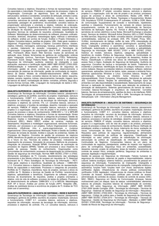 Conceitos básicos e objetivos. Disciplinas e formas de representação. Níveis              objetivos; processos e funções de estratégia, desenho, transição e operação
de capacidade e maturidade. Processos e categorias de processos. Lógica de                de serviços. PMBOK 4ª edição: conceitos básicos, estrutura e objetivos;
Programação: Construção de algoritmos; tipos de dados simples e                           projetos e a organização; ciclo de vida de projeto e de produto; processos,
estruturados; variáveis e constantes; comandos de atribuição, entrada e saída;            grupos de processo e áreas de conhecimento. Redes LAN, WAN e
avaliação de expressões; funções pré-definidas; conceito de bloco de                      Metropolitanas; Arquiteturas de Redes, Topologias e Equipamentos; Modelo
comandos; estruturas de controle, seleção, repetição e desvio; operadores e               OSI; Arquitetura TCP/IP, Endereçamento IP, subredes, VLSM e CIDR; Meios
expressões; passagem de parâmetros; recursividade; conceitos básicos de                   de comunicação: Equipamentos de conexão e transmissão, repetidores,
programação estruturada e orientada a objetos; métodos de ordenação,                      switches e roteadores; Funcionamento da camada de enlace (serviços,
pesquisa e “hashing”. Engenharia de Requisitos: Conceitos básicos; técnicas               enquadramento, controle de erro e fluxo). Administração de Serviços:
de elicitação de requisitos; gerenciamento de requisitos; especificação de                Servidores de Aplicação: Apache, IIS, Tomcat e JBoss. Administração de
requisitos; técnicas de validação de requisitos; prototipação. Qualidade de               servidores de correio eletrônico (Lotus Notes, Microsoft Exchange e soluções
Software: Metodologias de desenvolvimento de software; processo unificado:                livres). Serviços de diretório: Microsoft Active Directory (AD) e LDAP. Noções
conceitos, diretrizes, disciplinas; metodologias ágeis; métricas e estimativas            de Web services. Segurança de Rede: conceitos básicos, principais ameaças,
de software; análise por pontos de função. Análise e Projeto Orientados a                 vulnerabilidades, sistemas de proteção (IDS, IPS, firewall, Proxy, NAC,
Objetos: Conceitos básicos, padrões de projetos. UML: Visão geral, modelos e              VLANs), monitoramento de tráfego, sniffer de rede, VPN, interpretação de
diagramas. Programação Orientada a Objetos: Conceitos básicos: classes,                   pacotes, detecção e prevenção de ataques (phishing/scam, spoofing, DoS,
objetos, métodos, mensagens, sobrecarga, herança, polimorfismo, interfaces                flood). Criptografia simétrica e assimétrica: conceitos e aplicabilidade.
e pacotes; tratamento de exceção. Linguagens e Tecnologias de                             Certificação, autenticação e assinatura digital: conceitos e aplicabilidade.
Programação: Linguagens de programação Java e PHP; Javascript; AJAX;                      Segurança da Informação: NBR ISO/IEC 27001 e NBR ISO/IEC 27002:
XML; Framework JBoss Seam; Web Services; noções de servidores de                          histórico do modelo, estrutura, objetivos, categorias, aplicabilidade e
aplicação Java; Eclipse; ferramentas de gerência de configuração; práticas                benefícios do modelo. Política de Segurança. Gestão de Continuidade do
ágeis: Integração contínua, Test-driven Development (TDD), Refactoring;                   Negócio (planos de contingência e recuperação de desastres). Análise de
Framework ExtJS; Design Patterns.Testes: Teste funcional e de unidade.                    Riscos. Classificação e controle dos ativos de informação. Controles de
Segurança da Informação: auditoria; sistemas de criptografia e suas                       acesso físico e lógico. Avaliação de Segurança de Aplicações. Auditoria de
aplicações; assinatura e certificação digital; ABNT NBR ISO/IEC 27002-2005:               segurança. Conceitos de backup e recuperação de dados. Tratamento de
Análise/avaliação e tratamento dos riscos; política de segurança da                       incidentes e problemas. Identificação de tipos de códigos maliciosos: vírus e
informação; gestão de ativos; controle de acessos; desenvolvimento e                      outros malware. Ataques e proteções relativos a hardware, software, sistemas
manutenção de sistemas de informação; gestão da continuidade do negócio.                  operacionais, aplicações, bancos de dados, redes, pessoas e ambiente físico.
Banco de Dados: Modelo de entidade-relacionamento (MER); modelo                           Sistemas operacionais Windows e Linux. Conceitos básicos. Noções de
conceitual, lógico e físico; conceitos básicos de banco de dados: esquema,                administração. Serviços de diretório: Active Directory e LDAP.
tabelas, campos, registros, índices, relacionamentos, transação, triggers, tipos          Interoperabilidade. Cloud Computing. Virtualização. Servidores de aplicação
de bancos de dados; normalização de dados: conceitos, primeira, segunda e                 JEE. Conceitos básicos. Noções de administração. Topologia típica de
terceira formas normais. DML: Linguagem de manipulação de dados e DDL:                    ambientes com alta disponibilidade e escalabilidade. Balanceamento de carga,
Linguagem de definição de dados.                                                          fail-over e replicação de estado. Técnicas para detecção de problemas e
                                                                                          otimização de desempenho. Sistemas gerenciadores de bancos de dados.
                                                                                          Conceitos básicos.Tecnologias e arquitetura de Datacenter. Conceitos
ANALISTA SUPERIOR III – ANALISTA DE SISTEMAS – GESTÃO DE TI                               básicos. Serviços de armazenamento, padrões de disco e de interfaces. RAID.
Governança de Tecnologia da Informação: Conceitos básicos; planejamento                   Tecnologias de armazenamento DAS, NAS e SAN. Tecnologias de backup.
estratégico; gerência de portfólio; escritório de projetos: implantação, estrutura        Deduplicação. ILM – Information Lifecycle Management.
e funcionamento. COBIT 4.1: conceitos básicos, estrutura e objetivos,
requisitos da informação, recursos de tecnologia da informação, domínios,
processos e objetivos de controle. ITIL v.3: conceitos básicos, estrutura e               ANALISTA SUPERIOR III – ANALISTA DE SISTEMAS – SEGURANÇA DA
objetivos; processos e funções de estratégia, desenho, transição e operação               INFORMAÇÃO
de serviços. PMBOK 4ª edição: conceitos básicos, estrutura e objetivos;                   Governança de Tecnologia da Informação: Conceitos básicos; planejamento
projetos e a organização; ciclo de vida de projeto e de produto; processos,               estratégico; gerência de portfólio; escritório de projetos: implantação, estrutura
grupos de processo e áreas de conhecimento. CMMI-DEV v. 1.2 e MPS.BR                      e funcionamento. COBIT 4.1: conceitos básicos, estrutura e objetivos,
Conceitos básicos e objetivos. Disciplinas e formas de representação. Níveis              requisitos da informação, recursos de tecnologia da informação, domínios,
de capacidade e maturidade. Processos e categorias de processos. Gestão de                processos e objetivos de controle. ITIL v.3: conceitos básicos, estrutura e
Negócios: noções e metodologias de planejamento estratégico; Balanced                     objetivos; processos e funções de estratégia, desenho, transição e operação
Scorecard (BSC); Matriz SWOT; análise de cenários; medição de                             de serviços. PMBOK 4ª edição: conceitos básicos, estrutura e objetivos;
desempenho. Arquitetura e modelagem organizacional, estruturas funcionais,                projetos e a organização; ciclo de vida de projeto e de produto; processos,
matriciais, por processos e por projetos. Cultura Organizacional: conceitos,              grupos de processo e áreas de conhecimento. Gestão de Riscos: Definição de
elementos, influências intra e supra-organizacionais e mudança                            estratégias; análise e avaliação de riscos; tratamento de riscos; aceitação de
organizacional. Clima organizacional. Motivação. Poder e Gestão de Conflitos.             riscos; comunicação de riscos. Política de Segurança da Informação:
Processo de tomada de decisão. Análise e solução de problemas. Gestão de                  Requisitos para políticas de segurança; regulamentações; alinhamento
Processos de Negócio: Conceitos de gestão de processos de negócios                        estratégico; manutenção de políticas de segurança. Classificação da
(BPM). Benefícios da gestão por processos. Modelagem do processo atual (as                Informação no setor público: política de classificação da informação;
is) e futuro (to be). Técnicas de análise de processo. Indicadores de                     estruturação da política de classificação de informações. Gestão de
desempenho de processos. Simulação de processos. Melhoria de processos.                   Continuidade de Negócios: Componentes básicos de um plano de
Integração de processos. Notação BPMN. Ferramentas de automação de                        continuidade de negócios; planejamento; análise de impacto nos negócios;
processos de negócio (BPMS). Gestão por processos e seus impactos na                      plano de contingência. Segurança física em ambientes; acessibilidade;
gestão de pessoas. Gestão do conhecimento. Organizações como                              desastres naturais; projeto de ambientes; áreas de trabalho; mecanismos de
comunidades de conhecimento; processos de disseminação do conhecimento.                   controle de acesso físico; proteção periférica; Segurança de ambientes e
Gestão de segurança da informação. Normas NBR ISO/IEC 27001 e 27002.                      pessoas; legislação e regulamentação.
Alinhamento estratégico de TI: Conceito, desdobramento das estratégias                    Gestão de pessoas em Segurança da Informação: Fatores humanos de
empresariais e dos fatores críticos de sucesso em requisitos de TI, Balanced              segurança da informação; sistemas de papéis e responsabilidades; sistema
Scorecard de TI. Plano Estratégico de Tecnologia da Informação – PETI:                    cultural; sistema ecológico; sistema histórico; procedimentos de pessoal em
Visão geral, objetivos e importância. Qualidade de software – CMMI-DEV                    segurança da informação. Fundamentos de Criptografia: Criptografia e
v.1.2. Conceitos básicos e objetivos. Disciplinas e formas de representação.              segurança da informação; fundamentos de criptografia; criptografia simétrica e
Níveis de capacidade e maturidade. Processos e categorias de processos.                   assimétrica; funções hash; funções hash com chave; assinaturas digitais;
Portfólio de TI: Objetivos, importância, tipos de projetos, serviços e ativos do          certificados digitais; infraestruturas de chaves públicas (componentes;
portfólio de TI. Modelos e técnicas de Gestão de Portfólio: características,              certificados X.509; legislação); infraestruturas de chaves públicas no Brasil.
objetivos, aplicabilidade e benefícios. Engenharia de software: princípios,               Controles de Acesso: Autenticação; políticas para controle de acesso;
técnicas de levantamento de requisitos, análise e projetos orientados a                   administração de controles de acesso; modelos de controle de acesso (DAC;
objetos, ciclo de vida de software, processo de testes de software. Processos             MAC; RBAC). Segurança em Redes de Comunicação: Ameaças; fatores
de desenvolvimento de software. CMMI-DEV v.1.2 e MPS.Br. Metodologias                     motivacionais para um ataque; tipos de ataque; vulnerabilidades; elementos
RUP, XP e Scrum. Análise por pontos de função (APF). Notações UML.                        básicos de proteção; requisitos básicos de implementação de controles.
Análise de viabilidade técnica e econômica de projetos de TI. Análise de TCO              Normas ISO sobre Segurança da Informação: (ABNT NBR ISO/IEC
(total cost of ownership).                                                                27001:2006 Versão Corrigida: 2006 - Tecnologia da Informação - Técnicas de
                                                                                          Segurança - Sistemas de Gestão de Segurança da Informação – Requisitos);
ANALISTA SUPERIOR III – ANALISTA DE SISTEMAS – REDE E SUPORTE                             (ABNT NBR ISO/IEC 27002:2005 - Tecnologia da informação - Técnicas de
Governança de Tecnologia da Informação: Conceitos básicos; planejamento                   segurança - Código de prática para a Gestão de Segurança da Informação);
estratégico; gerência de portfólio; escritório de projetos: implantação, estrutura        (ABNT NBR ISO/IEC 27004:2010 - Tecnologia da Informação - Técnicas de
e funcionamento. COBIT 4.1: conceitos básicos, estrutura e objetivos,                     Segurança - Gestão da Segurança da Informação – Medição); e (ABNT NBR
requisitos da informação, recursos de tecnologia da informação, domínios,                 ISO/IEC 27005:2008. Tecnologia da Informação - Técnicas de Segurança -
processos e objetivos de controle. ITIL v.3: conceitos básicos, estrutura e               Gestão de Riscos de Segurança da Informação).




                                                                                     16
 