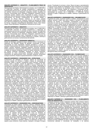 ANALISTA SUPERIOR IV – ARQUITETO – PLANEJAMENTO FÍSICO DE                                 pluviais. Fiscalização de serviços e obras. Reuso de água e aproveitamento
AEROPORTOS                                                                                de água de chuva. Noções de Instalações de Gás Combustível e de Combate
Gerenciamento de Projetos. Administração de contratos. Leis nº 8.666/1993 e               a Incêndio. Assentamento de tubulações, juntas e blocos de ancoragem.
nº 8.883/1994. Execução de projetos arquitetônicos e elaboração de                        Noções de meio ambiente. Noções de Tratamento e incineração de lixo.
especificações técnicas para a execução de obras e serviços de Engenharia                 Custos aplicados à manutenção, programação e execução de serviços.
em edifícios. Estrutura de edificações. Instalações prediais. Arquitetura de              Administração de contratos. Leis nº 8.666/1993 e nº 8.883/1994. Normas
interiores. Comunicação visual. Urbanismo. Paisagismo. Isolamento térmico.                aplicáveis à saúde e Segurança no Trabalho. Liderança e gerenciamento de
Isolamento acústico. Sistema viário. Fiscalização de obras e serviços de                  recursos.
engenharia. Normas aplicáveis à saúde e Segurança no Trabalho. Liderança e
gerenciamento de recursos. Conhecimentos de AutoCAD. Análise e                            ANALISTA SUPERIOR IV – ENGENHEIRO CIVIL – ORÇAMENTAÇÃO
confecção de Planos Diretores (Urbanos ou de outras grandes                               Engenharia de custos, orçamento analítico e sintético, composição de custos
infraestruturas). Engenharia de Transporte. Análise de demanda de tráfego                 unitários, parciais e totais, para obras, projetos e serviços de engenharia.
para cálculo de infraestrutura para transporte: Requisitos, Parâmetros, Níveis            Planilhas de serviços e quantidades. Levantamento de quantidades.
de Serviço. Integração Urbana/Regional (Mobilidade Urbana, Plano Diretor                  Estimativa de custo de obras e serviços de engenharia. Cronograma físico-
Urbano, Ruído Aeronáutico). Planejamento Territorial de Uso do Solo.                      financeiro e prazos. Índices oficiais de reajustamento de contrato de obras e
                                                                                          serviços de engenharia. Contratação e pagamentos de serviços. Controle de
ANALISTA SUPERIOR IV – ARQUITETO                                                          pagamentos e medições de obra. Histograma. Bonificação e despesas
Gerenciamento de Projetos. Administração de contratos. Leis nº 8.666/1993 e               indiretas. Composição de encargos sociais para horistas e mensalistas. O
nº 8.883/1994. Execução de projetos arquitetônicos e elaboração de                        fator “K”. Taxa de ressarcimento de despesas e encargos. O Sistema Nacional
especificações técnicas para a execução de obras e serviços de Engenharia                 de Pesquisa de Custos de Índices da Construção Civil (SINAPI). O Sistema de
em edifícios. Estrutura de edificações. Instalações prediais. Arquitetura de              Custos Rodoviários (SICRO). Técnicas e métodos construtivos de obras e
interiores. Comunicação visual. Urbanismo. Paisagismo. Isolamento térmico.                serviços de engenharia. Cálculo de produção de equipes mecânicas. Materiais
Isolamento acústico. Sistema viário. Fiscalização de obras e serviços de                  de construção civil. Mecânica dos solos e fundações. Engenharia estrutural.
engenharia. Normas aplicáveis à saúde e Segurança no Trabalho. Liderança e                Instalações Elétricas e hidráulico-sanitárias. Legislação relativa a tributos
gerenciamento de recursos. Conhecimentos de AutoCAD.                                      aplicáveis a obras, projetos e serviços de engenharia. Legislação específica
                                                                                          para obras de engenharia civil: normas das ABNT. Princípios de planejamento
ANALISTA SUPERIOR IV – ENGENHEIRO AMBIENTAL                                               e de orçamento público. Diretrizes dos órgãos de controle externo relativas à
Noções de hidrologia, qualidade da água, poluição hídrica e tecnologias de                formação de preços para obras públicas. Normas regulamentadoras de
tratamento dos efluentes. Noções de geologia, conservação de solos.                       segurança do trabalho. Legislação trabalhista. A Lei das Diretrizes
Recuperação de áreas degradadas. Poluição atmosférica e controle de                       Orçamentárias e o orçamento público. Legislação aplicável à licitação, pregão
emissões. Gerenciamento de resíduos sólidos. Política Nacional de Resíduos                e contrato. Lei nº 5.194, de 24 de dezembro de 1966. Lei nº 6.496, de 7 de
Sólidos. Acústica ambiental. Legislação ambiental. Economia ambiental.                    dezembro de 1977. Resolução do CONFEA nº 361, de 10 de dezembro de
Política ambiental e desenvolvimento sustentável. Licenciamento ambiental.                1991. Informática aplicada à engenharia (Pacote Office, AutoCad).
Avaliação de impactos ambientais: Estudo de Impacto Ambiental e Relatório                 Gerenciamento de projetos segundo os parâmetros do PMBOK (Project
de Impacto Ambiental (EIA/RIMA). Avaliação de Riscos ambientais.                          Management Body of Knowledge).
Remediação de áreas contaminadas. Mudanças climáticas globais e
mecanismos de desenvolvimento limpo. Educação ambiental. Zoneamento                       ANALISTA SUPERIOR IV – ENGENHEIRO CIVIL – PAVIMENTAÇÃO
ecológico-econômico; Noções de geoprocessamento e análise de mapas.                       Topografia, levantamentos planialtimétricos, perfis e curvas de nível. Captação e
                                                                                          drenagem de águas pluviais. Noções de corte, aterro e proteção de taludes.
ANALISTA SUPERIOR IV – ENGENHEIRO CIVIL – ESTRUTURAS                                      Distribuição de cargas e pressões. Solos: tipos, forma dos grãos, coesão,
Conhecimento das patologias de estruturas. Práticas de manutenção de                      plasticidade, propriedades gerais, adensamento, grau de capacidade, ensaios
estruturas prediais de concreto e metálica. Práticas de manutenção de                     de laboratório, curvas granulométricas. CBR e escolha de jazidas. Materiais:
pavimentos rígidos e flexíveis. Cronogramas físicos financeiro, orçamentos,               cimento, asfaltos, cimentos asfálticos de petróleo, britas e outras.
prazos, custos e reajustes, controle de pagamentos e medições de obra.                    Dimensionamento: subleito, base, sub-base, pavimentos rígidos e flexíveis. Fator
Conceitos de manutenção preditiva, preventiva e corretiva. Organização de                 de carga, ábacos de dimensionamento. Critérios, especificações e consumo de
manutenção em sistemas de operação contínua (H24). Gestão da manutenção e                 resistência à fadiga (C.R.F.), número de repetições. Pavimentação em solos
dos ativos das organizações. Controle e estocagem de materiais de construção.             lateríticos. Aterros sobre solos moles. Avaliação geotécnica de solos
Cálculo estrutural. Análise estrutural: grandezas fundamentais, condições de              (principalmente ensaios de CBR, granulometria, expansão e compacidade).
equilíbrio, graus de liberdade, hiperestaticidade. Estruturas Hiperestáticas:             Esquema de produção de asfalto em usina móvel (dimensionamento,
método das forças e dos deslocamentos. Análise de vigas e pórticos. Métodos               produção, controle de qualidade, distribuição e aplicação). Tipos de asfalto
Energéticos. Ações e segurança nas estruturas. Materiais homogêneos e                     (CBUQ, PMQ, PMF, Tratamento Superficial), tipos de base (BEG, BGS,
isótropos. Propriedades físicas e mecânicas dos aços estruturais; fatores de              BGTC, BGS - laterítico), tipos de sub-base (BEG, BGS, BGS - laterítico e bica
segurança; ligações soldadas e parafusadas; comportamento de peças em                     corrida), pintura asfáltica, Imprimação asfáltica. Técnicas de recuperação e
aço tracionadas e comprimidas; comportamento de peças em aço com                          melhorias      de    pavimentos     asfálticos:     fresagem,     microfresagem,
solicitações combinadas de flexão e solicitações axiais de compressão e                   rejuvenescimento asfáltico, antiderrapantes. Técnicas de recuperação e
tração (flexo compressão e flexo tração); análise, dimensionamento e                      melhorias de pavimentos de concreto com patologias em juntas (relessagem),
detalhamento de lajes, vigas, pilares e tirantes de concreto. Cimento Portland,           esborcinamentos (concreto polimérico), trincas (reconstrução e/ou obturação)
aglomerantes, agregados, estudo de dosagem, uso de aditivos no concreto;                  e quebras de canto (reconstrução). Técnicas de avaliação do pavimento:
características mecânicas e reológicas do concreto; ensaios de compressão e               superficial (conforto) e estrutural. Controle tecnológico e geométrico do
tração; módulo de elasticidade do concreto. Estruturas Mistas (Aço e                      processo na obra da execução do pavimento desde a etapa de
Concreto). Projeto de estruturas de madeira. Flambagem em elementos                       terraplenagem. Drenagem superficial e profunda. Patologias de pavimentos
estruturais. Conceitos sobre patologias: tipos de fissuras em estruturas de               rígido e flexível. Conceitos de manutenção preditiva, preventiva e corretiva.
concreto, alvenarias e fundações; ataques por sulfatos e carbonatação;                    Organização de manutenção em sistemas de operação contínua (H24). Gestão
corrosão. Recuperação estrutural: materiais empregados, argamassas                        da manutenção e dos ativos das organizações. Controle e estocagem de
poliméricas, epóxis, poliuretanos, injeções de fissuras. Reforço estrutural:              materiais de construção. Cronogramas físicos financeiro, orçamentos, prazos,
materiais compósitos, técnicas de reforço, adesivos. Conceitos e modos de                 custos e reajustes, controle de pagamentos e medições de obra. Administração
utilização de tecnologias, aplicativos e procedimentos de informática aplicada            de contratos. Leis nº 8.666/1993 e nº 8.883/1994. Normas aplicáveis à saúde e
em Estruturas de Concreto armado e metálica. Análise, dimensionamento e                   Segurança no Trabalho. Liderança e gerenciamento de recursos.
recuperação de pavimentos em concreto armado e protendido. Administração
de contratos. Leis nº 8.666/1993 e nº 8.883/1994. Normas aplicáveis à saúde e             ANALISTA SUPERIOR IV – ENGENHEIRO CIVIL – PLANEJAMENTO
Segurança no Trabalho. Liderança e gerenciamento de recursos.                             FÍSICO DE AEROPORTOS
                                                                                          Instalações hidráulicas prediais. Instalações sanitárias. Meio ambiente. Sistema
ANALISTA SUPERIOR IV – ENGENHEIRO CIVIL – HIDROSSANITÁRIO                                 de tratamento de água potável. Sistema de poços artesianos. Sistema de
Interpretação de projetos gráficos: arquitetura, estrutura, instalações elétricas.        tratamento de esgotos. Tratamento e incineração de lixo. Sistema de captação e
Instalações hidráulicas e sanitárias, meio ambiente, sistemas de tratamento de            drenagem de águas pluviais. Fiscalização de obras e serviços de engenharia.
água e de esgotos, poços artesianos, fossas sépticas, captação e drenagem de              Impermeabilização. Coberturas. Revestimentos. Acabamentos. Segurança em
águas pluviais. Tratamento e incineração de lixo. Fiscalização de serviços e              edificações. Pavimentos rígidos e flexíveis. Drenagem de pavimentos. Captação
obras. Assentamento de tubulações, juntas e blocos de ancoragem. Manutenção               de águas pluviais. Combate a erosões e contenção de taludes. Manutenção e
preditiva, preventiva e corretiva. de instalações industriais. Planejamento e             reparos em pavimentos – rígidos e flexíveis. Rejuntamento de pavimento.
controle de materiais técnicos, planejamento anual de atividades de                       Execução e remoção de pintura de sinalização horizontal. Plantio e manutenção
manutenção. Histórico de intervenções em equipamentos, componentes                        de revestimento vegetal. Sistema de comunicação visual. Planejamento e
principais e instalações. Custos aplicados à manutenção, programação e                    controle de obras e serviços de engenharia. Elaboração e acompanhamento de
execução de serviços. Organização de manutenção em sistemas de operação                   cronograma físico e financeiro. Orçamento de obras e de serviços de
contínua (H24). Gestão da manutenção e dos ativos das organizações.                       engenharia. Fluxograma de pagamentos de faturas. Reajustamento de preços.
Instalações hidráulicas e sanitárias. Sistema de tratamento de água e de                  Controle de prazos. Medições de obras e serviços de engenharia. Conceitos e
esgotos, poços artesianos, fossas sépticas. Captação e drenagem de águas                  fundamentos aplicados à manutenção de instalações e de sistemas




                                                                                     17
 