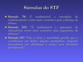 Súmulas do STF Súmula 70:  É inadmissível a interdição de estabelecimento como meio coercitivo para cobrança de tributo.  Súmula 323:  “É inadmissível a apreensão de mercadorias como meio coercitivo para pagamento de tributos.” Súmula 547: “ não é lícito à autoridade proibir que o contribuinte em débito adquira estampilhas, despache mercadorias nas alfândegas e exerça suas atividades profissionais”.  