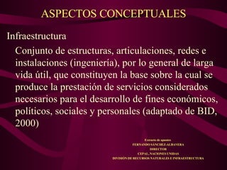 ASPECTOS CONCEPTUALES ,[object Object],[object Object],Extracto de apuntes  FERNANDO SÁNCHEZ-ALBAVERA DIRECTOR CEPAL, NACIONES UNIDAS DIVISIÓN DE RECURSOS NATURALES E INFRAESTRUCTURA 