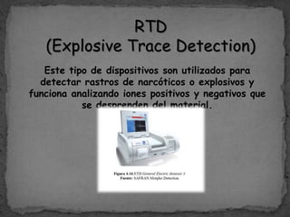 RTD
(Explosive Trace Detection)
Este tipo de dispositivos son utilizados para
detectar rastros de narcóticos o explosivos y
funciona analizando iones positivos y negativos que
se desprenden del material.
 