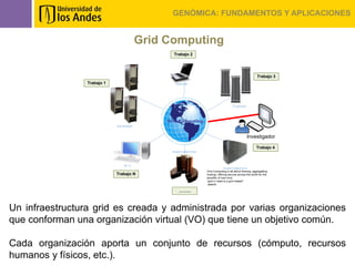GENÓMICA: FUNDAMENTOS Y APLICACIONES


                                     Grid Computing
                                           Trabajo 2




                                                             Trabajo 3
                 Trabajo 1




                                                         Investigador

                                                             Trabajo 4




                             Trabajo N



                                             ……...



Un infraestructura grid es creada y administrada por varias organizaciones
que conforman una organización virtual (VO) que tiene un objetivo común.

Cada organización aporta un conjunto de recursos (cómputo, recursos
humanos y físicos, etc.).
 