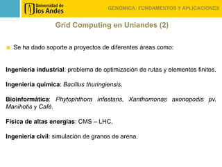 GENÓMICA: FUNDAMENTOS Y APLICACIONES


                  Grid Computing en Uniandes (2)

  Se ha dado soporte a proyectos de diferentes áreas como:


Ingeniería industrial: problema de optimización de rutas y elementos finitos.

Ingeniería química: Bacillus thuringiensis.

Bioinformática: Phytophthora infestans, Xanthomonas axonopodis pv.
Manihotis y Café.

Física de altas energías: CMS – LHC.

Ingeniería civil: simulación de granos de arena.
 