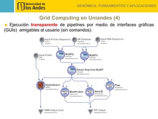 GENÓMICA: FUNDAMENTOS Y APLICACIONES


                Grid Computing en Uniandes (4)
  Ejecución transparente de pipelines por medio de interfaces gráficas
(GUIs) amigables al usuario (sin comandos).
 