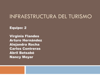 INFRAESTRUCTURA DEL TURISMO Equipo: 2 Virginia Flandes Arturo Hernández Alejandra Rocha Carlos Contreras Abril Betsabé Nancy Moyar 