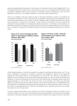 puesto que Sedapal habría presentado un nivel de agua no facturada de 38 por ciento (Sedapal 2005). En el
caso de las EPS grandes la situación aun es más crítica que en Lima. Así, con excepción de la EPS Tacna, el resto
de empresas grandes presenta niveles superiores al promedio nacional, resaltando los casos de la EPS
Sedaloreto y la EPS Grau, con pérdidas estimadas en 62 y 63 por ciento respectivamente.
Como se ha señalado, estos altos niveles de agua no facturada responden en parte a los problemas de
micromedición existentes; es decir, la facturación de la empresas no guarda relación necesariamente con los
consumos de agua efectivos, ya sea porque no existen medidores (bajos niveles de micromedición) o porque
los ya existentes se encuentran en mal estado. A nivel nacional, al año 2003 el 53.9 por ciento de las
conexiones de agua potable eran facturadas por diferencia de lectura. Sin embargo, este promedio se ve
fuertemente afectado por Sedapal, que posee el 59.9 por ciento de los medidores operativos a nivel nacional.
Así, si se excluye a la empresa de la capital del cálculo, el nivel de micromedición alcanzó sólo un 39.4 por
ciento.
104
Si bien Sedapal presenta un nivel de micromedición muy superior al promedio del resto del país, con 71.6 por
ciento, nuevamente la empresa de la capital se encuentra muy rezagada en relación con la empresa de
Santiago de Chile, Aguas Andinas, la cual presentaba un nivel de 95.1 por ciento en el año 2003. Las
diferencias son más notorias en el caso del resto de empresas puesto que como se señaló, las EPS peruanas
presentan un nivel de micromedición de solo 39.4 por ciento mientras que las empresas chilenas fuera de la
capital alcanzaban un nivel de 98.1 por ciento (ver Figura 3.16). Asimismo, otro factor que claramente
diferencia a las EPS peruanas de las empresas chilenas es que estas últimas presentan una variabilidad mínima
del indicador de micromedición puesto que todas las empresas tienen niveles superiores a 94 por ciento. Por
el contrario, la heterogeneidad en los niveles de micromedición de las empresas peruanas es muy amplia,
fluctuando entre 0 y 91.4 por ciento.
Un tercer indicador relacionado con los anteriores es el ratio de conexiones inactivas en relación con las
conexiones totales. Así, un 21.5 por ciento de las conexiones de agua potable a nivel nacional se encontraban
inactivas en el año 2003, reflejando un alto nivel de usuarios o que bien ya no poseen el servicio o que tienen
 