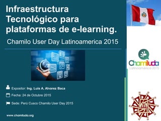Infraestructura
Tecnológico para
plataformas de e-learning.
Expositor: Ing. Luis A. Alvarez Baca
Chamilo User Day Latinoamerica 2015
Fecha: 24 de Octubre 2015
Sede: Perú Cusco Chamilo User Day 2015
 