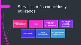 Servicios más conocidos y
utilizados.
BLOGS (bitácora,
en español) WIKIS
ETIQUETADO Y
“SOCIAL
BOOKMARKING”
MULTIMEDIA
SHARING
(compartir
multimedia)
FOLKSONOMY
RSS Y
SINDICACIÓN
AUDIOBLOGGING
Y PODCASTING
 