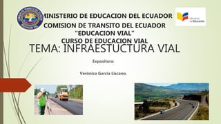 MINISTERIO DE EDUCACION DEL ECUADOR
COMISION DE TRANSITO DEL ECUADOR
“EDUCACION VIAL”
CURSO DE EDUCACION VIAL
TEMA: INFRAESTUCTURA VIAL
Expositora:
Verónica García Liscano.
 