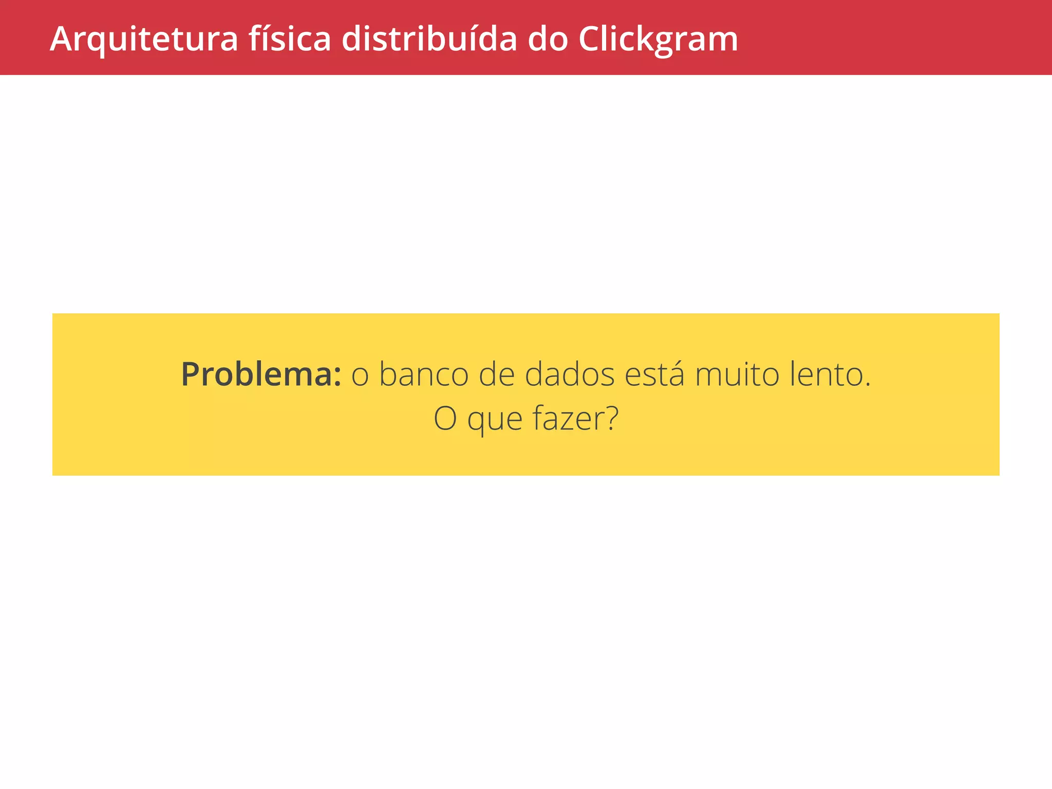 Arquitetura física distribuída do Clickgram 
Problema: o banco de dados está muito lento. 
O que fazer? 
 