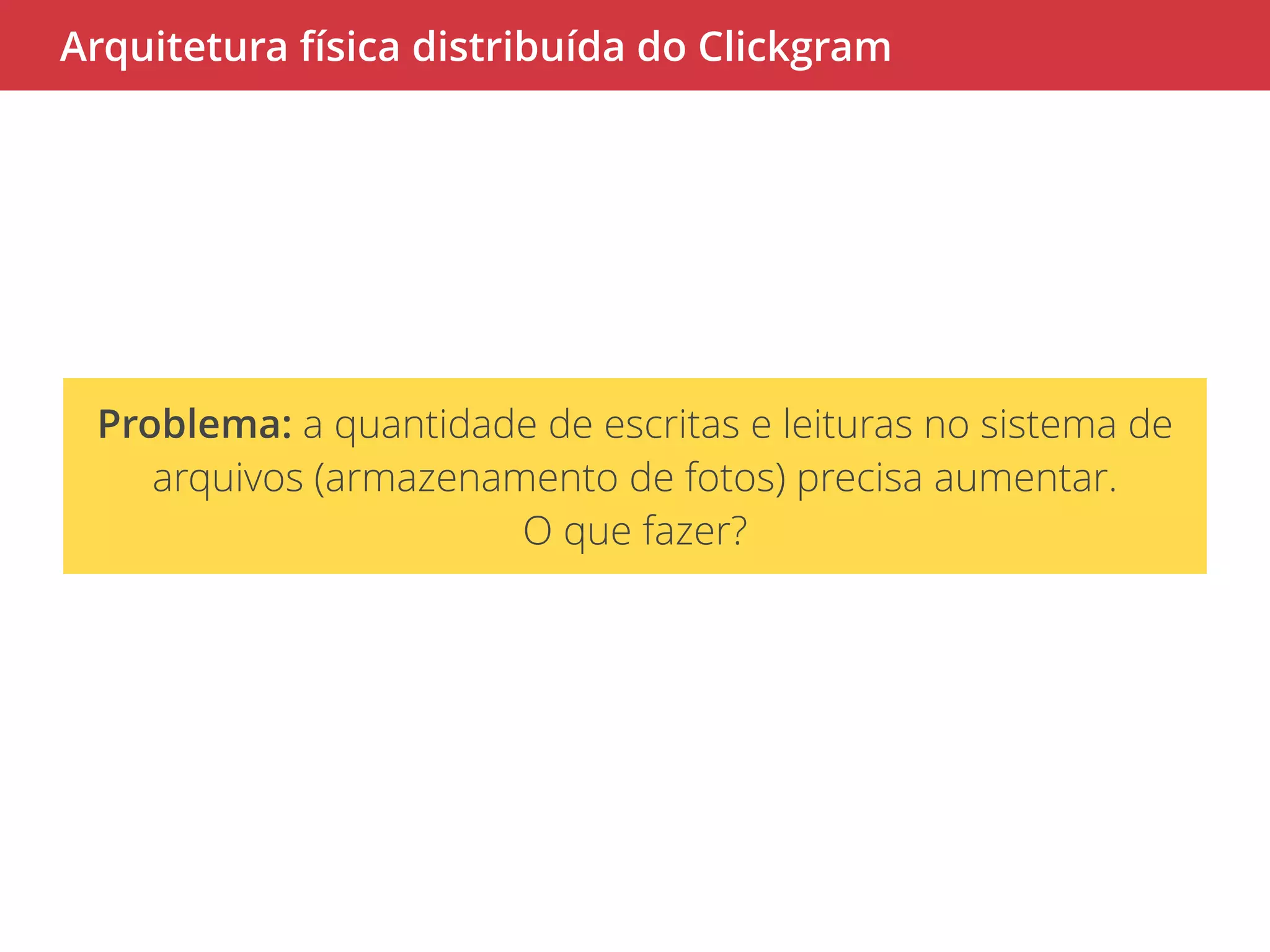 Arquitetura física distribuída do Clickgram 
Problema: a quantidade de escritas e leituras no sistema de 
arquivos (armazenamento de fotos) precisa aumentar. 
O que fazer? 
 
