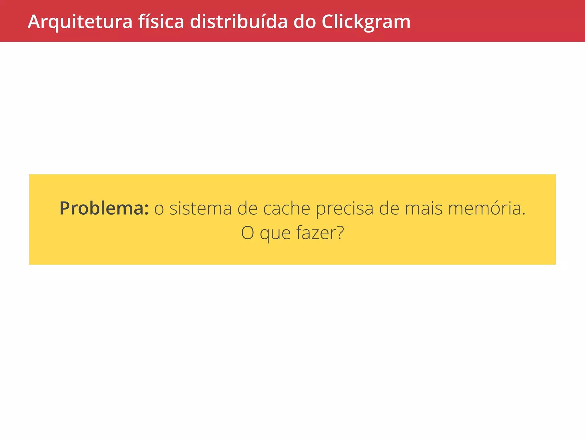 Arquitetura física distribuída do Clickgram 
Problema: o sistema de cache precisa de mais memória. 
O que fazer? 
 