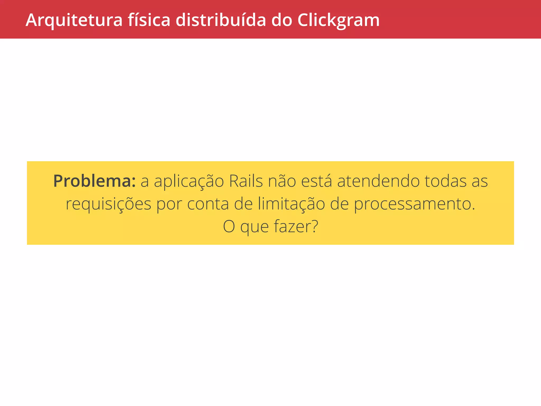 Arquitetura física distribuída do Clickgram 
Problema: a aplicação Rails não está atendendo todas as 
requisições por conta de limitação de processamento. 
O que fazer? 
 