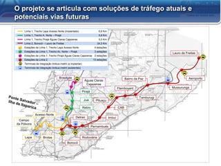 O projeto se articula com soluções de tráfego atuais e
potenciais vias futuras
Brasilgás
Águas Claras
Cajazeiras
Pirajá
Juá
Retiro
Acesso Norte
Campo
da Pólvora
Lapa Brotas
Detran
Bonocô
Rodoviária
Pernambués
Imbuí
CAB
PItuaçu
Flamboyant
Bairro da Paz
Tamburugi
Mussurunga
Aeroporto
Lauro de Freitas
Linha 1, Trecho Lapa Acesso Norte (implantado) 6,6 Km
Linha 1, Trecho A. Norte – Pirajá 5,6 Km
Linha 1, Trecho Pirajá Águas Claras Cajazeiras 5,0 Km
Linha 2, Bonocô – Lauro de Freitas 24,2 Km
Estações da Linha 1, Trecho Lapa Acesso Norte 4 estações
Estações da Linha 1, Trecho Ac. Norte – Pirajá 3 estações
Estações da Linha 1, Trecho Pirajá Águas Claras Cajazeiras 2 estações
Estações da Linha 2 13 estações
Terminais de integração ônibus-metrô (a implantar)
Terminais de integração ônibus-metrô (existentes)
 
