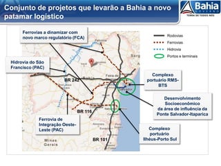 Conjunto de projetos que levarão a Bahia a novo
patamar logístico
Hidrovia
Rodovias
Ferrovias
Portos e terminais
BR 242
BR 116
BR 101
Complexo
portuário RMS-
BTS
Complexo
portuário
Ilhéus-Porto Sul
Ferrovia de
Integração Oeste-
Leste (PAC)
Hidrovia do São
Francisco (PAC)
Ferrovias a dinamizar com
novo marco regulatório (FCA)
Desenvolvimento
Socioeconômico
da área de influência da
Ponte Salvador-Itaparica
 