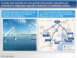 4
4
A ponte está inserida em uma grande intervenção rodoviária que
aumentará a integração regional e melhorará a mobilidade urbana
FONTE: Análise da equipe
O projeto contempla a construção de uma
ponte de 12km integrando a cidade de
Salvador à Ilha de Itaparica...
...e a reformulação de 150km de rodovias
que criarão um anel rodoviário integrando o
Recôncavo e Baixo Sul à RMS
Construção
Duplicação/Reforma
BR-242
BR-116
BR-101
BR-101
BR-324
Nazaré
Lauro de
Freitas
Camaçari
Feira de
Santana
S.A. de
Jesus
Castro
Alves
Salvador
1
2
3
Praça de pedágio
Trocar com foto
da OAS
 