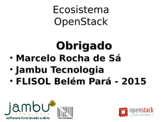 Ecosistema
OpenStack
ObrigadoObrigado
• Marcelo Rocha de Sá
• Jambu Tecnologia
• FLISOL Belém Pará - 2015
 