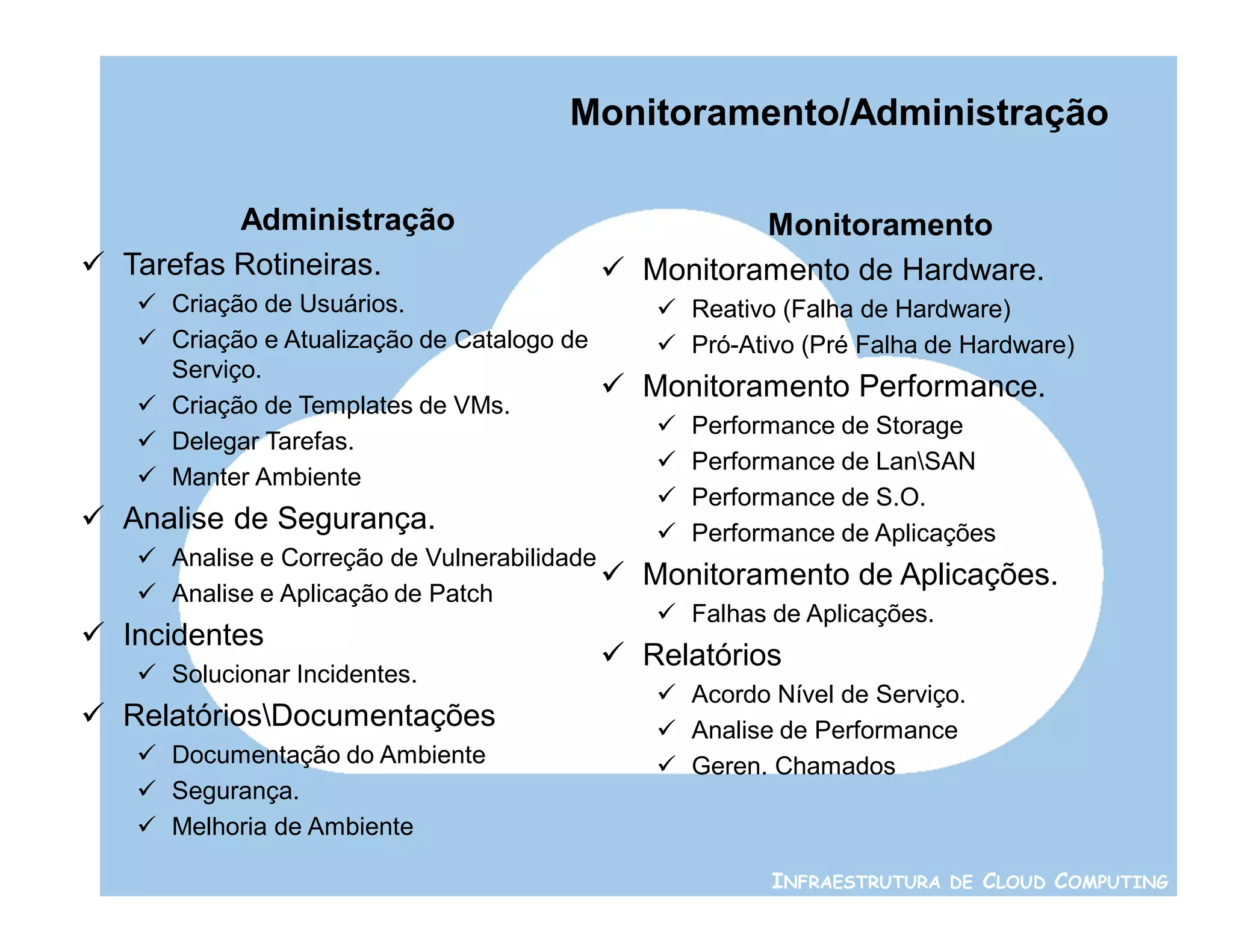 Monitoramento/Administração

          Administração                               Monitoramento
 Tarefas Rotineiras.                        Monitoramento de Hardware.
    Criação de Usuários.                       Reativo (Falha de Hardware)
    Criação e Atualização de Catalogo de       Pró-Ativo (Pré Falha de Hardware)
     Serviço.
                                             Monitoramento Performance.
    Criação de Templates de VMs.
                                                  Performance de Storage
    Delegar Tarefas.
                                                  Performance de LanSAN
    Manter Ambiente
                                                  Performance de S.O.
 Analise de Segurança.                           Performance de Aplicações
    Analise e Correção de Vulnerabilidade
                                              Monitoramento de Aplicações.
    Analise e Aplicação de Patch
                                                Falhas de Aplicações.
 Incidentes
                                             Relatórios
    Solucionar Incidentes.
                                                Acordo Nível de Serviço.
 RelatóriosDocumentações                      Analise de Performance
    Documentação do Ambiente                   Geren. Chamados
    Segurança.
    Melhoria de Ambiente

                                                         INFRAESTRUTURA DE CLOUD COMPUTING
 