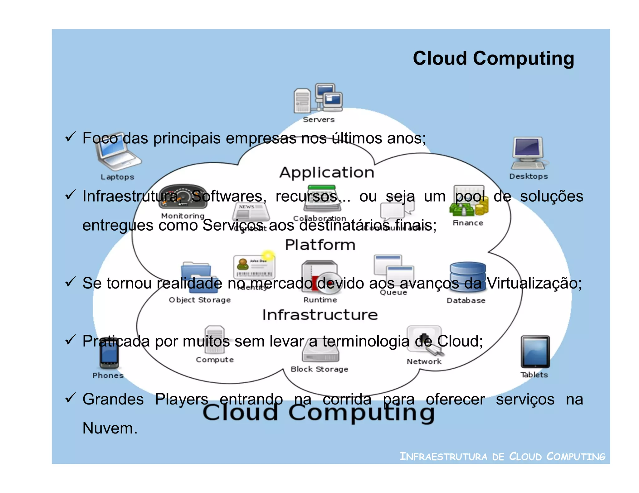 Cloud Computing



 Foco das principais empresas nos últimos anos;


 Infraestrutura, Softwares, recursos... ou seja um pool de soluções
  entregues como Serviços aos destinatários finais;


 Se tornou realidade no mercado devido aos avanços da Virtualização;


 Praticada por muitos sem levar a terminologia de Cloud;


 Grandes Players entrando na corrida para oferecer serviços na
  Nuvem.
                                             INFRAESTRUTURA DE CLOUD COMPUTING
 