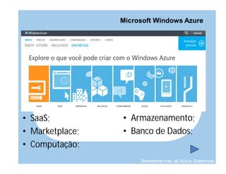 Microsoft Windows Azure




• SaaS;          • Armazenamento;
• Marketplace;   • Banco de Dados;
• Computação;
                      INFRAESTRUTURA DE CLOUD COMPUTING
 