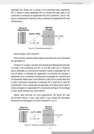 Infraestrutura de Hardware



operação Sw. Desta vez o campo rt foi substituído pelo registrador
R7, o campo rs pelo registrador R2 e o campo #im pelo valor 2. Ao
somarmos o conteúdo do registrador R3 com 2 obtemos: 25+3 = 28,
que é o endereço de memória onde o conteúdo do registrador R7 será
armazenado.




                      Figura 16 - Exemplo de operação Sw


   Muito simples, não é mesmo?

   Para concluir, vejamos agora alguns exemplos de uso e execução
da operação Lw.

    A Figura 17, a seguir, nos traz um exemplo de utilização da instrução
Lw onde rt foi substituído por R1, rs por R8 e #im por 3. Observe
que a operação Lw funciona de maneira inversa à operação Sw, em
vez de salvar o conteúdo do registrador na memória ela carrega o
registrador com o conteúdo armazenado na posição de memória que
for acessada. Nesta caso, como R8 tem o valor 35 e o campo #im tem
o valor 3 estarmos acessando o endereço 38, o qual tem o valor 97
armazenado. Com a execução da operação uma cópia deste valor é
então carregado no registrador R1. O exemplo da Figura 18 é análogo
a esse, tente entender por você mesmo.

   Agora, para terminar, só uma perguntinha. Do ponto de vista
de formato interno, o que você acha, a que classe de instruções
pertencem as instruções Lw e Sw? A classe R, I ou J?




                Figura 17 - Exemplo de execução da operação Lw

                                                   43
 