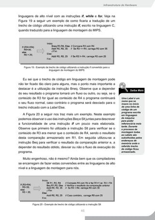 Infraestrutura de Hardware



linguagens de alto nível com as instruções if, while e for. Veja na
Figura 19 a seguir um exemplo de como ficaria a tradução de um
trecho de código utilizando uma instrução if, escrito na linguagem C,
quando traduzido para a linguagem de montagem do MIPS.




    Figura 19 - Exemplo de trecho de código utilizando a instrução if convertido para a
                           linguagem de montagem do MIPS


    Eu sei que o trecho de código em linguagem de montagem pode
não ter ficado tão claro para alguns, mas o ponto mais importante a
destacar é a utilização da instrução Bneq. Observe que a depender
                                                                                                      Saiba Mais
do seu resultado o programa tomará um fluxo ou outro, ou seja, se o
conteúdo de R3 for igual ao conteúdo de R4 o programa continuará                               Uma Label é um
                                                                                               nome que se
o seu fluxo normal, caso contrário o programa será desviado para o                             insere no inicio
trecho indicado com a Label Else.                                                              de uma linha de
                                                                                               código de um
                                                                                               programa escrito
    A Figura 20 a seguir nos traz mais um exemplo. Neste exemplo                               em linguagem
podemos observar o uso das instruções Beq e Slt juntas para descrever                          de máquina
                                                                                               para poder
a funcionalidade de uma instrução if um pouco mais elaborada.                                  referenciá-la mais
                                                                                               tarde. Durante
Observe que primeiro foi utilizada a instrução Slt para verificar se o                         o processo de
conteúdo de R3 era menor que o conteúdo de R4, sendo o resultado                               montagem todas
                                                                                               as Labels são
desta comparação armazenado em R1. Em seguida utilizou-se a                                    substituídas pelos
                                                                                               endereços de
instrução Beq para verificar o resultado da comparação anterior e, a                           memória onde o
depender do resultado obtido, desviar ou não o fluxo de execução do                            referido trecho
                                                                                               de código ficou
programa.                                                                                      armazenado.

   Muito engenhoso, não é mesmo? Ainda bem que os compiladores
se encarregam de fazer estas conversões entre as linguagens de alto
nível e a linguagem de montagem para nós.




            Figura 20 - Exemplo de trecho de código utilizando a instrução Slt

                                                           45
 