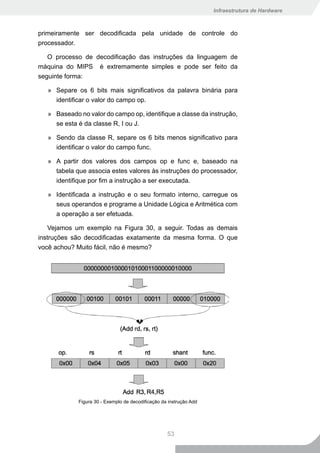 Infraestrutura de Hardware



primeiramente ser decodificada pela unidade de controle do
processador.

   O processo de decodificação das instruções da linguagem de
máquina do MIPS é extremamente simples e pode ser feito da
seguinte forma:

   » Separe os 6 bits mais significativos da palavra binária para
     identificar o valor do campo op.

   » Baseado no valor do campo op, identifique a classe da instrução,
     se esta é da classe R, I ou J.

   » Sendo da classe R, separe os 6 bits menos significativo para
     identificar o valor do campo func.

   » A partir dos valores dos campos op e func e, baseado na
     tabela que associa estes valores às instruções do processador,
     identifique por fim a instrução a ser executada.

   » Identificada a instrução e o seu formato interno, carregue os
     seus operandos e programe a Unidade Lógica e Aritmética com
     a operação a ser efetuada.

    Vejamos um exemplo na Figura 30, a seguir. Todas as demais
instruções são decodificadas exatamente da mesma forma. O que
você achou? Muito fácil, não é mesmo?




             Figura 30 - Exemplo de decodificação da instrução Add




                                                    53
 