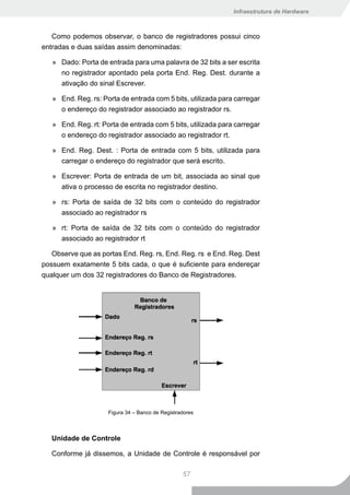 Infraestrutura de Hardware



   Como podemos observar, o banco de registradores possui cinco
entradas e duas saídas assim denominadas:

   » Dado: Porta de entrada para uma palavra de 32 bits a ser escrita
     no registrador apontado pela porta End. Reg. Dest. durante a
     ativação do sinal Escrever.

   » End. Reg. rs: Porta de entrada com 5 bits, utilizada para carregar
     o endereço do registrador associado ao registrador rs.

   » End. Reg. rt: Porta de entrada com 5 bits, utilizada para carregar
     o endereço do registrador associado ao registrador rt.

   » End. Reg. Dest. : Porta de entrada com 5 bits, utilizada para
     carregar o endereço do registrador que será escrito.

   » Escrever: Porta de entrada de um bit, associada ao sinal que
     ativa o processo de escrita no registrador destino.

   » rs: Porta de saída de 32 bits com o conteúdo do registrador
     associado ao registrador rs

   » rt: Porta de saída de 32 bits com o conteúdo do registrador
     associado ao registrador rt

   Observe que as portas End. Reg. rs, End. Reg. rs e End. Reg. Dest
possuem exatamente 5 bits cada, o que é suficiente para endereçar
qualquer um dos 32 registradores do Banco de Registradores.




                     Figura 34 – Banco de Registradores



   Unidade de Controle

   Conforme já dissemos, a Unidade de Controle é responsável por

                                                  57
 