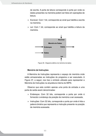 Infraestrutura de Hardware



                       de escrita. A porta de leitura corresponde à porta por onde os
                       dados presentes na memória podem ser lidos em operações de
                       leitura.

                    » Escrever: Com 1 bit, corresponde ao sinal que habilita a escrita
                      na memória.

                    » Ler: Com 1 bit, corresponde ao sinal que habilita a leitura da
                      memória.




                                Figura 36 - Diagrama elétrico da memória de dados



                    Memória de Instruções

                   A Memória de Instruções representa o espaço de memória onde
                estão armazenadas as instruções do programa a ser executado. A
                Figura 37, a seguir, nos traz o símbolo utilizado para representar a
                Memória de Instruções na arquitetura interna do MIPS.

                   Observe que esta contém apenas uma porta de entrada e uma
                porta de saída assim denominadas:

                    » Endereços: Com 32 bits, corresponde a porta por onde é
                      fornecido o endereço da posição de memória a ser acessada.

                    » Instruções: Com 32 bits, corresponde a porta por onde é lida a
                      palavra binária que representa a instrução presente na posição
                      de memória acessada.




                                        60
 