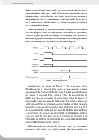Infraestrutura de Hardware



                dados e controle seja sincronizado sob uma mesma base de tempo
                chamada relógio (do inglês, clock). O barramento síncrono inclui uma
                linha de relógio, e através dela, um relógio transmite uma sequência
                alternada de 1s e 0s de igual duração. Uma transmissão de um 1 e de
                um 0 (denominada ciclo de relógio ou ciclo de barramento) é definida
                em um intervalo de tempo.

                    Todos os eventos no barramento devem começar no inicio de um
                ciclo de relógio e todos os dispositivos conectados ao barramento
                síncrono podem ler a linha de relógio. As atividades que ocorrem no
                barramento gastam um número inteiro destes ciclos. O comportamento
                temporal deste tipo de barramento é ilustrado na Figura 7.




                                      Figura 7 – Barramento Síncrono


                    Analisaremos as linhas da Figura 7, de cima para baixo.
                Consideraremos a primeira linha como a mais superior e assim
                sucessivamente. A primeira linha da Figura 7, indica o comportamento
                do relógio. A segunda linha indica o início da transferência de
                dados que são apresentados na quinta linha (linha de dados). O
                processador emite um sinal de leitura (terceira linha) e coloca um
                endereço nas linhas de endereço. As informações contidas na quarta
                linha referem-se ao endereço onde o dado será lido e por fim, a linha
                de reconhecimento indica que um sinal de controle para confirmar
                o recebimento foi enviado ao barramento. O processador também
                emite um sinal de início para marcar a presença do endereço e de
                informação de controle no barramento. Esse sinal está representado
                na segunda linha superior da Figura 7.

                   Diferentemente do barramento síncrono, para um barramento
                assíncrono não existe um relógio mestre. Os ciclos podem ter

                                      90
 