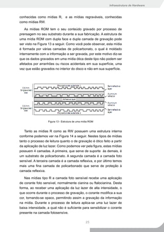 Infraestrutura de Hardware



conhecidas como mídias R, e as mídias regraváveis, conhecidas
como mídias RW.

    As mídias ROM tem o seu conteúdo gravado por processo de
prensagem no seu substrato durante a sua fabricação. A estrutura de
uma mídia ROM com dupla face e dupla camada de gravação pode
ser visto na Figura 13 a seguir. Como você pode observar, esta mídia
é formada por várias camadas de policarbonato, o qual é moldado
internamente com a informação a ser gravada, por este motivo diz-se
que os dados gravados em uma mídia ótica deste tipo não podem ser
afetados por arranhões ou riscos acidentais em sua superfície, uma
vez que estão gravados no interior do disco e não em sua superfície.




                   Figura 13 - Estrutura de uma mídia ROM


   Tanto as mídias R como as RW possuem uma estrutura interna
conforme podemos ver na Figura 14 a seguir. Nestes tipos de mídias
tanto o processo de leitura quanto o de gravação é ótico feito a partir
da aplicação de luz lazer. Como podemos ver pela figura, estas mídias
possuem 4 camadas. A primeira, que serve de suporte às demais, é
um substrato de policarbonato. A segunda camada é a camada foto
sensível. A terceira camada é a camada reflexiva, e por último temos
mais uma fina camada de policarbonado que serve de proteção à
camada reflexiva.

   Nas mídias tipo R a camada foto sensível recebe uma aplicação
de corante foto sensível, normalmente cianina ou ftalocianina. Desta
forma, ao receber uma aplicação da luz lazer de alta intensidade, o
que ocorre durante o processo de gravação, o corante modifica a sua
cor, tornando-se opaco, permitindo assim a gravação da informação
na mídia. Durante o processo de leitura aplica-se uma luz lazer de
baixa intensidade, a qual não é suficiente para sensibilizar o corante
presente na camada fotosensíve.

                                                  25
 