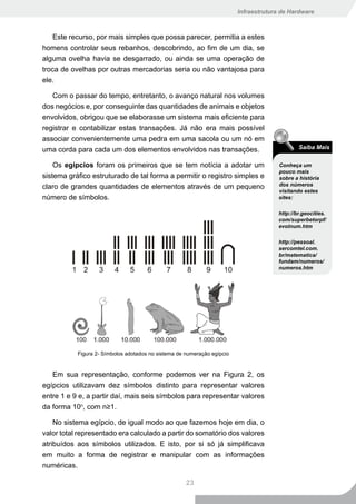 Infraestrutura de Hardware



    Este recurso, por mais simples que possa parecer, permitia a estes
homens controlar seus rebanhos, descobrindo, ao fim de um dia, se
alguma ovelha havia se desgarrado, ou ainda se uma operação de
troca de ovelhas por outras mercadorias seria ou não vantajosa para
ele.

   Com o passar do tempo, entretanto, o avanço natural nos volumes
dos negócios e, por conseguinte das quantidades de animais e objetos
envolvidos, obrigou que se elaborasse um sistema mais eficiente para
registrar e contabilizar estas transações. Já não era mais possível
associar convenientemente uma pedra em uma sacola ou um nó em
uma corda para cada um dos elementos envolvidos nas transações.                                Saiba Mais


    Os egípcios foram os primeiros que se tem notícia a adotar um                      Conheça um
                                                                                       pouco mais
sistema gráfico estruturado de tal forma a permitir o registro simples e               sobre a história
claro de grandes quantidades de elementos através de um pequeno                        dos números
                                                                                       visitando estes
número de símbolos.                                                                    sites:

                                                                                       http://br.geocities.
                                                                                       com/superbetorpf/
                                                                                       evolnum.htm

                                                                                       http://pessoal.
                                                                                       sercomtel.com.
                                                                                       br/matematica/
                                                                                       fundam/numeros/
                                                                                       numeros.htm




           Figura 2- Símbolos adotados no sistema de numeração egípcio


   Em sua representação, conforme podemos ver na Figura 2, os
egípcios utilizavam dez símbolos distinto para representar valores
entre 1 e 9 e, a partir daí, mais seis símbolos para representar valores
da forma 10n, com n≥1.

    No sistema egípcio, de igual modo ao que fazemos hoje em dia, o
valor total representado era calculado a partir do somatório dos valores
atribuídos aos símbolos utilizados. E isto, por si só já simplificava
em muito a forma de registrar e manipular com as informações
numéricas.

                                                     23
 