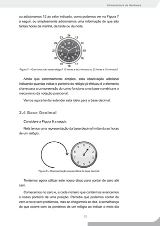 Infraestrutura de Hardware



ou adicionamos 12 ao valor indicado, como podemos ver na Figura 7
a seguir, ou simplesmente adicionamos uma informação de que são
tantas horas da manhã, da tarde ou da noite.




Figura 7 – Que horas são neste relógio? 10 horas e dez minutos ou 22 horas e 10 minutos?


   Ainda que extremamente simples, esta observação adicional
indicando quantas voltas o ponteiro do relógio já efetuou é o elemento
chave para a compreensão do como funciona uma base numérica e o
mecanismo da notação posicional.

   Vamos agora tentar estender esta ideia para a base decimal.


2.4 Base Decimal

   Considere a Figura 8 a seguir.

   Nela temos uma representação da base decimal imitando as horas
de um relógio.




                Figura 8 – Representação esquemática da base decimal


  Tentemos agora utilizar este nosso disco para contar de zero até
cem.

   Comecemos no zero e, a cada número que contarmos avancemos
o nosso ponteiro de uma posição. Perceba que podemos contar de
zero a nove sem problemas, mas ao chegarmos ao dez, à semelhança
do que ocorre com os ponteiros de um relógio ao indicar o meio dia


                                                         29
 