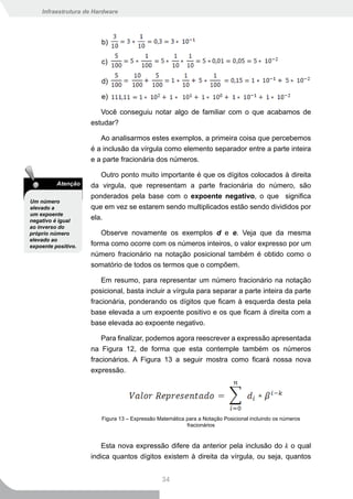 Infraestrutura de Hardware




                        b)

                        c)

                        d)

                        e)

                        Você conseguiu notar algo de familiar com o que acabamos de
                     estudar?

                        Ao analisarmos estes exemplos, a primeira coisa que percebemos
                     é a inclusão da vírgula como elemento separador entre a parte inteira
                     e a parte fracionária dos números.

                        Outro ponto muito importante é que os dígitos colocados à direita
          Atenção    da virgula, que representam a parte fracionária do número, são
                     ponderados pela base com o expoente negativo, o que significa
Um número
elevado a            que em vez se estarem sendo multiplicados estão sendo divididos por
um expoente
negativo é igual
                     ela.
ao inverso do
próprio número          Observe novamente os exemplos d e e. Veja que da mesma
elevado ao
expoente positivo.   forma como ocorre com os números inteiros, o valor expresso por um
                     número fracionário na notação posicional também é obtido como o
                     somatório de todos os termos que o compõem.

                        Em resumo, para representar um número fracionário na notação
                     posicional, basta incluir a vírgula para separar a parte inteira da parte
                     fracionária, ponderando os dígitos que ficam à esquerda desta pela
                     base elevada a um expoente positivo e os que ficam à direita com a
                     base elevada ao expoente negativo.

                        Para finalizar, podemos agora reescrever a expressão apresentada
                     na Figura 12, de forma que esta contemple também os números
                     fracionários. A Figura 13 a seguir mostra como ficará nossa nova
                     expressão.




                        Figura 13 – Expressão Matemática para a Notação Posicional incluindo os números
                                                         fracionários


                        Esta nova expressão difere da anterior pela inclusão do k o qual
                     indica quantos dígitos existem à direita da vírgula, ou seja, quantos


                                               34
 