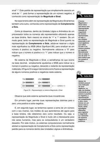 Infraestrutura de Hardware



sinal “-”. Este padrão de representação que simplesmente associa um
sinal de “-” para formar a representação de um número negativo, é
conhecido como representação de Magnitude e Sinal.                                         Saiba Mais

   Na base binária além da representação de Magnitude e Sinal temos                 O termo
                                                                                    Magnitude e
também uma outra, conhecida como representação de Complemento                       Sinal indica
a Dois.                                                                             que temos uma
                                                                                    representação
                                                                                    baseada na
   Como já dissemos, dentro da Unidade Lógica e Aritmética de um                    magnitude
processador todos os números são representados utilizando apenas                    do número
                                                                                    representado,
as base binária. Nem mesmo os sinais de “+” e “-” existem. De um                    ou seja, o
                                                                                    seu módulo,
modo geral, tanto na representação de Magnitude e Sinal quanto na                   associada a um
representação de Complemento a Dois, adota-se reservar o dígito                     sinal algébrico
                                                                                    que indica
mais significativo ou MSB (Most Signficant Bit), para sinalizar se um               se este é um
                                                                                    número positivo
número é positivo ou negativo. Normalmente utiliza-se o “0” para                    ou negativo.
indicar que o número é positivo e o “1” para indicar que o número é                 Normalmente
                                                                                    não se exige o
negativo.                                                                           uso do sinal “+”
                                                                                    para indicar que
                                                                                    um número é
   No sistema de Magnitude e Sinal, a semelhança do que ocorre
                                                                                    positivo.
na base decimal, simplesmente ajustamos o MSB para indicar se o
número é positivo ou negativo, deixando o restante da representação
inalterada. A Figura 33 a seguir demonstra como ficaria a representação
de alguns números positivos e negativos neste sistema.
                                                                                           Saiba Mais

                                                                                    Apesar de
                                                                                    também possuir
                                                                                    uma indicação
                                                                                    do sinal
                                                                                    algébrico, ou
             Figura 33 – Representação no sistema Magnitude e Sinal                 seja, de sinalizar
                                                                                    claramente se um
                                                                                    número é positivo
   Observe que este sistema apresenta duas incoerências:                            ou negativo, a
                                                                                    representação
                                                                                    em complemento
   Em primeiro lugar, permite duas representações distintas para o                  a dois, como
zero, uma positiva e outra negativa.                                                iremos ver um
                                                                                    pouco mais a
                                                                                    frente, adota
   E, em segundo lugar, se tentarmos operar a soma de um número                     estratégias
                                                                                    diferentes
com o seu inverso, nos moldes do que aprendemos até agora para
                                                                                    para registrar
a base binária, não obteremos zero como resultado. Ou seja, a                       a magnitude
                                                                                    ou o tamanho
representação de Magnitude e Sinal é muito útil e interessante para                 de números
                                                                                    negativos e
nós seres humanos, mas para os computadores é um verdadeiro
                                                                                    positivos.
desastre. Por este motivo, os sistemas computacionais normalmente
adotam a representação de Complemento a Dois como representação
padrão para os números dentro das Unidades Lógicas e Aritméticas.


                                                    55
 