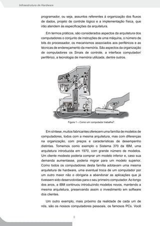 Infraestrutura de Hardware



                programador, ou seja, assuntos referentes à organização dos fluxos
                de dados, projeto de controle lógico e a implementação física, que
                irão atendem às especificações da arquitetura.

                    Em termos práticos, são considerados aspectos da arquitetura dos
                computadores o conjunto de instruções de uma máquina, o número de
                bits do processador, os mecanismos associados aos periféricos e as
                técnicas de endereçamento da memória. São aspectos da organização
                de computadores os Sinais de controle, a interface computador/
                periférico, a tecnologia de memória utilizada, dentre outros.




                                  Figura 1 – Como um computador trabalha?


                    Em síntese, muitos fabricantes oferecem uma família de modelos de
                computadores, todos com a mesma arquitetura, mas com diferenças
                na organização, com preços e características de desempenho
                distintas. Tomemos como exemplo o Sistema 370 da IBM, uma
                arquitetura introduzida em 1970, com grande número de modelos.
                Um cliente modesto poderia comprar um modelo inferior e, caso sua
                demanda aumentasse, poderia migrar para um modelo superior.
                Como todos os computadores desta família adotavam uma mesma
                arquitetura de hardware, uma eventual troca de um computador por
                um outro maior não o obrigaria a abandonar as aplicações que já
                tivessem sido desenvolvidas para o seu primeiro computador. Ao longo
                dos anos, a IBM continuou introduzindo modelos novos, mantendo a
                mesma arquitetura, preservando assim o investimento em software
                dos clientes.

                   Um outro exemplo, mais próximo da realidade de cada um de
                nós, são os nossos computadores pessoais, os famosos PCs. Você


                                      8
 
