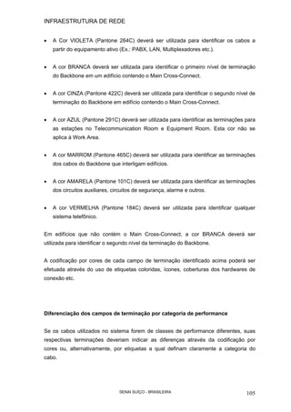 INFRAESTRUTURA DE REDE
SENAI SUÍÇO - BRASILEIRA 105
• A Cor VIOLETA (Pantone 264C) deverá ser utilizada para identificar os cabos a
partir do equipamento ativo (Ex.: PABX, LAN, Multiplexadores etc.).
• A cor BRANCA deverá ser utilizada para identificar o primeiro nível de terminação
do Backbone em um edifício contendo o Main Cross-Connect.
• A cor CINZA (Pantone 422C) deverá ser utilizada para identificar o segundo nível de
terminação do Backbone em edifício contendo o Main Cross-Connect.
• A cor AZUL (Pantone 291C) deverá ser utilizada para identificar as terminações para
as estações no Telecommunication Room e Equipment Room. Esta cor não se
aplica à Work Area.
• A cor MARROM (Pantone 465C) deverá ser utilizada para identificar as terminações
dos cabos do Backbone que interligam edifícios.
• A cor AMARELA (Pantone 101C) deverá ser utilizada para identificar as terminações
dos circuitos auxiliares, circuitos de segurança, alarme e outros.
• A cor VERMELHA (Pantone 184C) deverá ser utilizada para identificar qualquer
sistema telefônico.
Em edifícios que não contém o Main Cross-Connect, a cor BRANCA deverá ser
utilizada para identificar o segundo nível da terminação do Backbone.
A codificação por cores de cada campo de terminação identificado acima poderá ser
efetuada através do uso de etiquetas coloridas, ícones, coberturas dos hardwares de
conexão etc.
Diferenciação dos campos de terminação por categoria de performance
Se os cabos utilizados no sistema forem de classes de performance diferentes, suas
respectivas terminações deveriam indicar as diferenças através da codificação por
cores ou, alternativamente, por etiquetas a qual definam claramente a categoria do
cabo.
 