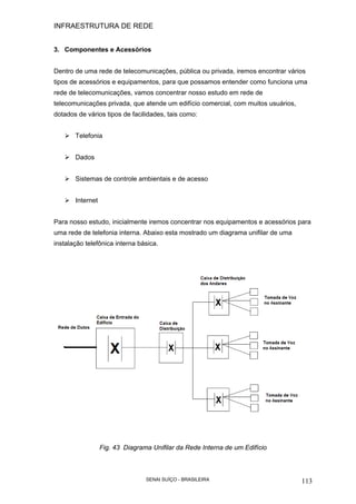 INFRAESTRUTURA DE REDE
SENAI SUÍÇO - BRASILEIRA 113
3. Componentes e Acessórios
Dentro de uma rede de telecomunicações, pública ou privada, iremos encontrar vários
tipos de acessórios e equipamentos, para que possamos entender como funciona uma
rede de telecomunicações, vamos concentrar nosso estudo em rede de
telecomunicações privada, que atende um edifício comercial, com muitos usuários,
dotados de vários tipos de facilidades, tais como:
Telefonia
Dados
Sistemas de controle ambientais e de acesso
Internet
Para nosso estudo, inicialmente iremos concentrar nos equipamentos e acessórios para
uma rede de telefonia interna. Abaixo esta mostrado um diagrama unifilar de uma
instalação telefônica interna básica.
Fig. 43 Diagrama Unifilar da Rede Interna de um Edifício
 