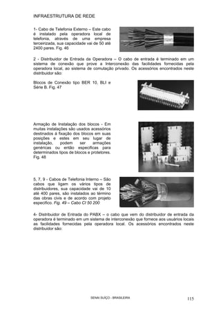 INFRAESTRUTURA DE REDE
SENAI SUÍÇO - BRASILEIRA 115
1- Cabo de Telefonia Externo – Este cabo
é instalado pela operadora local de
telefonia, através de uma empresa
terceirizada, sua capacidade vai de 50 até
2400 pares. Fig. 46
2 - Distribuidor de Entrada da Operadora – O cabo de entrada é terminado em um
sistema de conexão que prove a Interconexão das facilidades fornecidas pela
operadora local, ao sistema de comutação privado. Os acessórios encontrados neste
distribuidor são:
Blocos de Conexão tipo BER 10, BLI e
Série B. Fig. 47
Armação de Instalação dos blocos - Em
muitas instalações são usados acessórios
destinados á fixação dos blocos em suas
posições e estes em seu lugar de
instalação, podem ser armações
genéricas ou então especificas para
determinados tipos de blocos e protetores.
Fig. 48
5, 7, 9 - Cabos de Telefonia Interno – São
cabos que ligam os vários tipos de
distribuidores, sua capacidade vai de 10
até 400 pares, são instalados ao término
das obras civis e de acordo com projeto
especifico. Fig. 49 – Cabo CI 50 200
4- Distribuidor de Entrada do PABX – o cabo que vem do distribuidor de entrada da
operadora é terminado em um sistema de interconexão que fornece aos usuários locais
as facilidades fornecidas pela operadora local. Os acessórios encontrados neste
distribuidor são:
 