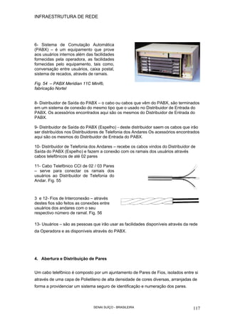 INFRAESTRUTURA DE REDE
SENAI SUÍÇO - BRASILEIRA 117
6- Sistema de Comutação Automática
(PABX) – é um equipamento que prove
aos usuários internos além das facilidades
fornecidas pela operadora, as facilidades
fornecidas pelo equipamento, tais como,
conversação entre usuários, caixa postal,
sistema de recados, através de ramais.
Fig. 54 – PABX Meridian 11C Mini®,
fabricação Nortel
8- Distribuidor de Saída do PABX – o cabo ou cabos que vêm do PABX, são terminados
em um sistema de conexão do mesmo tipo que o usado no Distribuidor de Entrada do
PABX. Os acessórios encontrados aqui são os mesmos do Distribuidor de Entrada do
PABX.
9- Distribuidor de Saída do PABX (Espelho) - deste distribuidor saem os cabos que irão
ser distribuídos nos Distribuidores de Telefonia dos Andares Os acessórios encontrados
aqui são os mesmos do Distribuidor de Entrada do PABX.
10- Distribuidor de Telefonia dos Andares – recebe os cabos vindos do Distribuidor de
Saída do PABX (Espelho) e fazem a conexão com os ramais dos usuários através
cabos telefônicos de até 02 pares
11- Cabo Telefônico CCI de 02 / 03 Pares
– serve para conectar os ramais dos
usuários ao Distribuidor de Telefonia do
Andar. Fig. 55
3 e 12- Fios de Interconexão – através
destes fios são feitos as conexões entre
usuários dos andares com o seu
respectivo número de ramal. Fig. 56
13- Usuários – são as pessoas que irão usar as facilidades disponíveis através da rede
da Operadora e as disponíveis através do PABX.
4. Abertura e Distribuição de Pares
Um cabo telefônico é composto por um ajuntamento de Pares de Fios, isolados entre si
através de uma capa de Polietileno de alta densidade de cores diversas, arranjadas de
forma a providenciar um sistema seguro de identificação e numeração dos pares.
 
