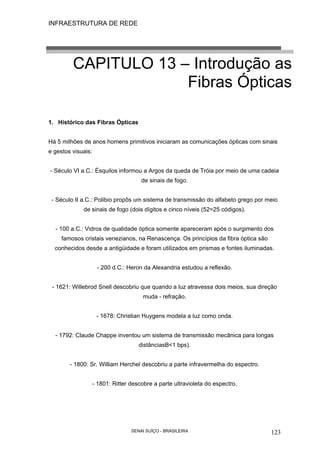 INFRAESTRUTURA DE REDE
SENAI SUÍÇO - BRASILEIRA 123
CAPITULO 13 – Introdução as
Fibras Ópticas
1. Histórico das Fibras Ópticas
Há 5 milhões de anos homens primitivos iniciaram as comunicações ópticas com sinais
e gestos visuais:
- Século VI a.C.: Ésquilos informou a Argos da queda de Tróia por meio de uma cadeia
de sinais de fogo.
- Século II a.C.: Polibio propôs um sistema de transmissão do alfabeto grego por meio
de sinais de fogo (dois dígitos e cinco níveis (52=25 códigos).
- 100 a.C.: Vidros de qualidade óptica somente apareceram após o surgimento dos
famosos cristais venezianos, na Renascença. Os princípios da fibra óptica são
conhecidos desde a antigüidade e foram utilizados em prismas e fontes iluminadas.
- 200 d.C.: Heron da Alexandria estudou a reflexão.
- 1621: Willebrod Snell descobriu que quando a luz atravessa dois meios, sua direção
muda - refração.
- 1678: Christian Huygens modela a luz como onda.
- 1792: Claude Chappe inventou um sistema de transmissão mecânica para longas
distânciasB<1 bps).
- 1800: Sr. William Herchel descobriu a parte infravermelha do espectro.
- 1801: Ritter descobre a parte ultravioleta do espectro.
 