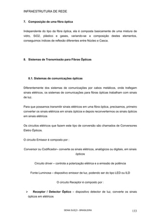 INFRAESTRUTURA DE REDE
SENAI SUÍÇO - BRASILEIRA 133
7. Composição de uma fibra óptica
Independente do tipo da fibra óptica, ela é composta basicamente de uma mistura de
vidro, SiO2, plástico e gases, variando-se a composição destes elementos,
conseguimos índices de reflexão diferentes entre Núcleo e Casca.
8. Sistemas de Transmissão para Fibras Ópticas
8.1. Sistemas de comunicações ópticas
Diferentemente dos sistemas de comunicações por cabos metálicos, onde trafegam
sinais elétricos, os sistemas de comunicações para fibras ópticas trabalham com sinais
de luz.
Para que possamos transmitir sinais elétricos em uma fibra óptica, precisamos, primeiro
converter os sinais elétricos em sinais ópticos e depois reconvertermos os sinais ópticos
em sinais elétricos
Os circuitos elétricos que fazem este tipo de conversão são chamados de Conversores
Eletro Ópticos.
O circuito Emissor é composto por :
Conversor ou Codificador– converte os sinais elétricos, analógicos ou digitais, em sinais
ópticos
Circuito driver – controla a polarização elétrica e a emissão de potência
Fonte Luminosa – dispositivo emissor de luz, podendo ser do tipo LED ou ILD
O circuito Receptor é composto por :
Receptor / Detector Óptico – dispositivo detector de luz, converte os sinais
ópticos em elétricos
 