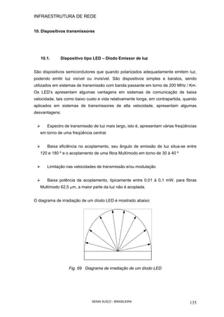INFRAESTRUTURA DE REDE
SENAI SUÍÇO - BRASILEIRA 135
10. Dispositivos transmissores
10.1. Dispositivo tipo LED – Diodo Emissor de luz
São dispositivos semicondutores que quando polarizados adequadamente emitem luz,
podendo emitir luz visível ou invisível. São dispositivos simples e baratos, sendo
utilizados em sistemas de transmissão com banda passante em torno de 200 MHz / Km.
Os LED’s apresentam algumas vantagens em sistemas de comunicação de baixa
velocidade, tais como baixo custo e vida relativamente longa, em contrapartida, quando
aplicados em sistemas de transmissores de alta velocidade, apresentam algumas
desvantagens:
Espectro de transmissão de luz mais largo, isto é, apresentam várias freqüências
em torno de uma freqüência central.
Baixa eficiência no acoplamento, seu ângulo de emissão de luz situa-se entre
120 e 180 º e o acoplamento de uma fibra Multímodo em torno de 30 à 40 º
Limitação nas velocidades de transmissão e/ou modulação
Baixa potência de acoplamento, tipicamente entre 0,01 à 0,1 mW, para fibras
Multímodo 62,5 µm, a maior parte da luz não é acoplada.
O diagrama de irradiação de um díodo LED é mostrado abaixo:
Fig. 69 Diagrama de irradiação de um díodo LED
 