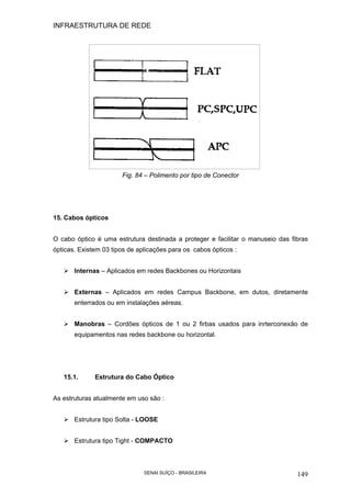 INFRAESTRUTURA DE REDE
SENAI SUÍÇO - BRASILEIRA 149
Fig. 84 – Polimento por tipo de Conector
15. Cabos ópticos
O cabo óptico é uma estrutura destinada a proteger e facilitar o manuseio das fibras
ópticas. Existem 03 tipos de aplicações para os cabos ópticos :
Internas – Aplicados em redes Backbones ou Horizontais
Externas – Aplicados em redes Campus Backbone, em dutos, diretamente
enterrados ou em instalações aéreas.
Manobras – Cordões ópticos de 1 ou 2 firbas usados para inrterconexão de
equipamentos nas redes backbone ou horizontal.
15.1. Estrutura do Cabo Óptico
As estruturas atualmente em uso são :
Estrutura tipo Solta - LOOSE
Estrutura tipo Tight - COMPACTO
 